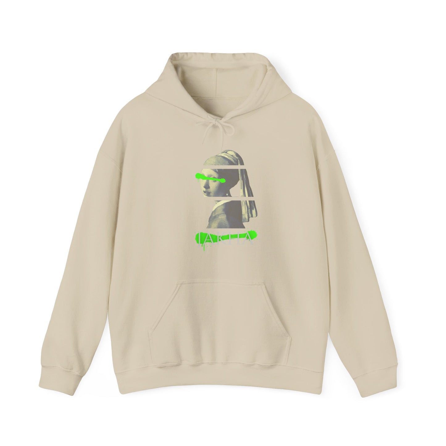 Soft pullover hoodie with a powerful image of a Roma girl, layered with textured visual storytelling.
