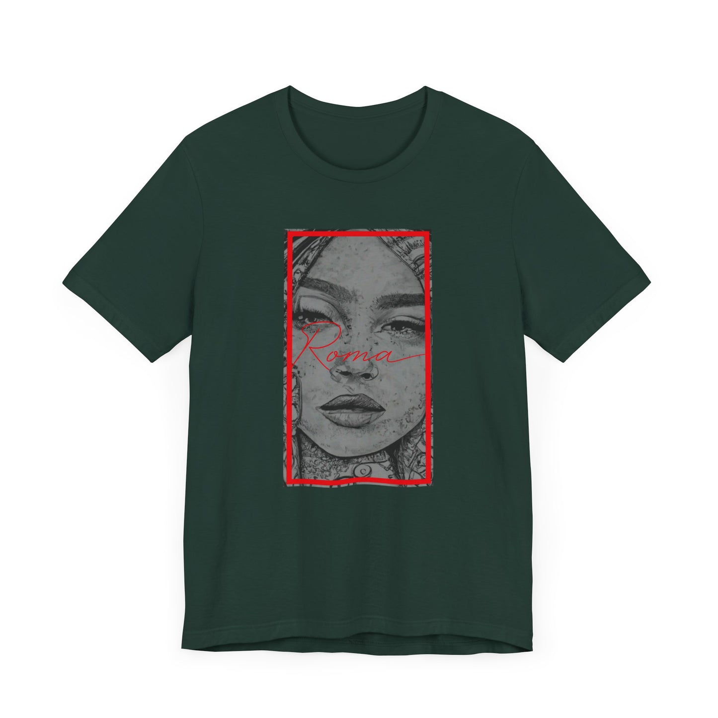 Contemporary tee featuring a statue of Roma front and center, with bold ‘ATTENTION’ text behind and elegant ‘Roma’ lettering below.