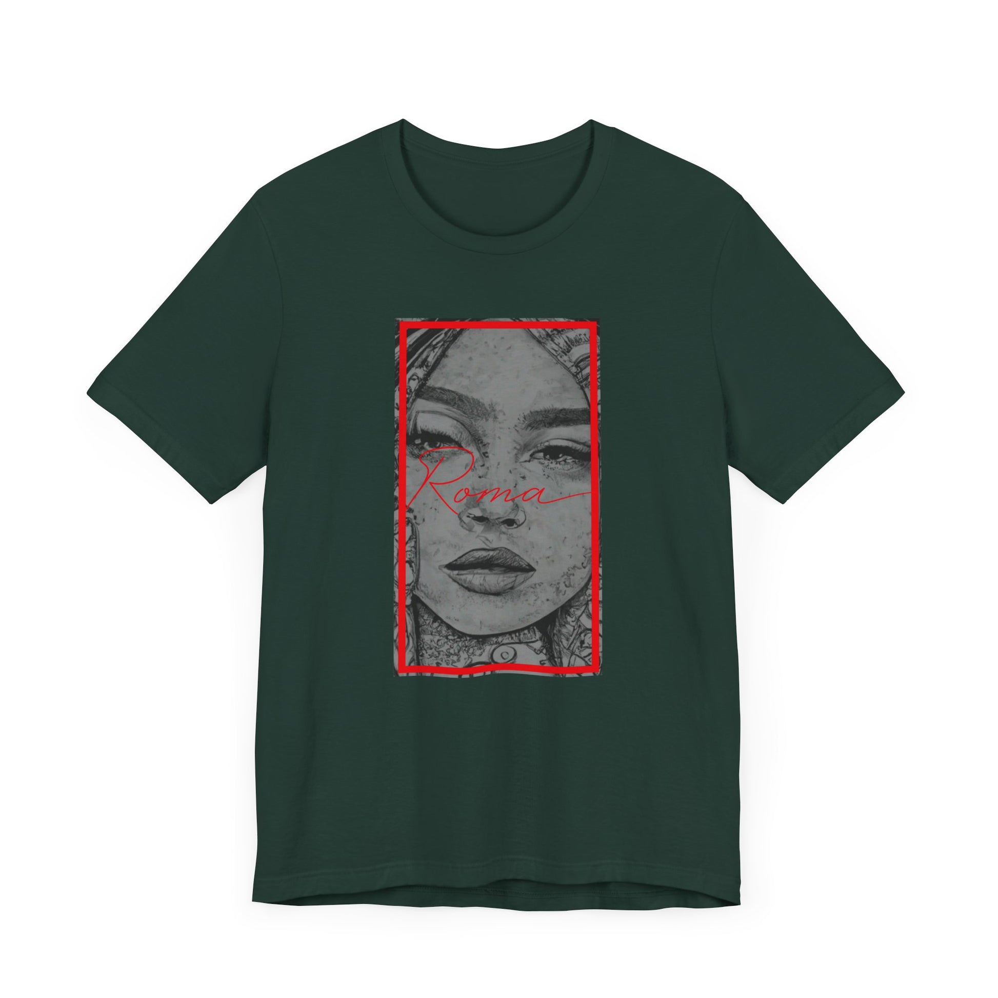 Contemporary tee featuring a statue of Roma front and center, with bold ‘ATTENTION’ text behind and elegant ‘Roma’ lettering below.