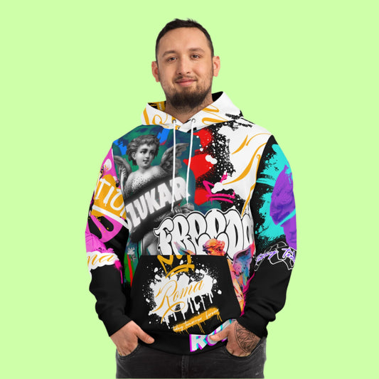 Vibrant hoodie with full-body angel wings design and golden SZUKAR text on the back.