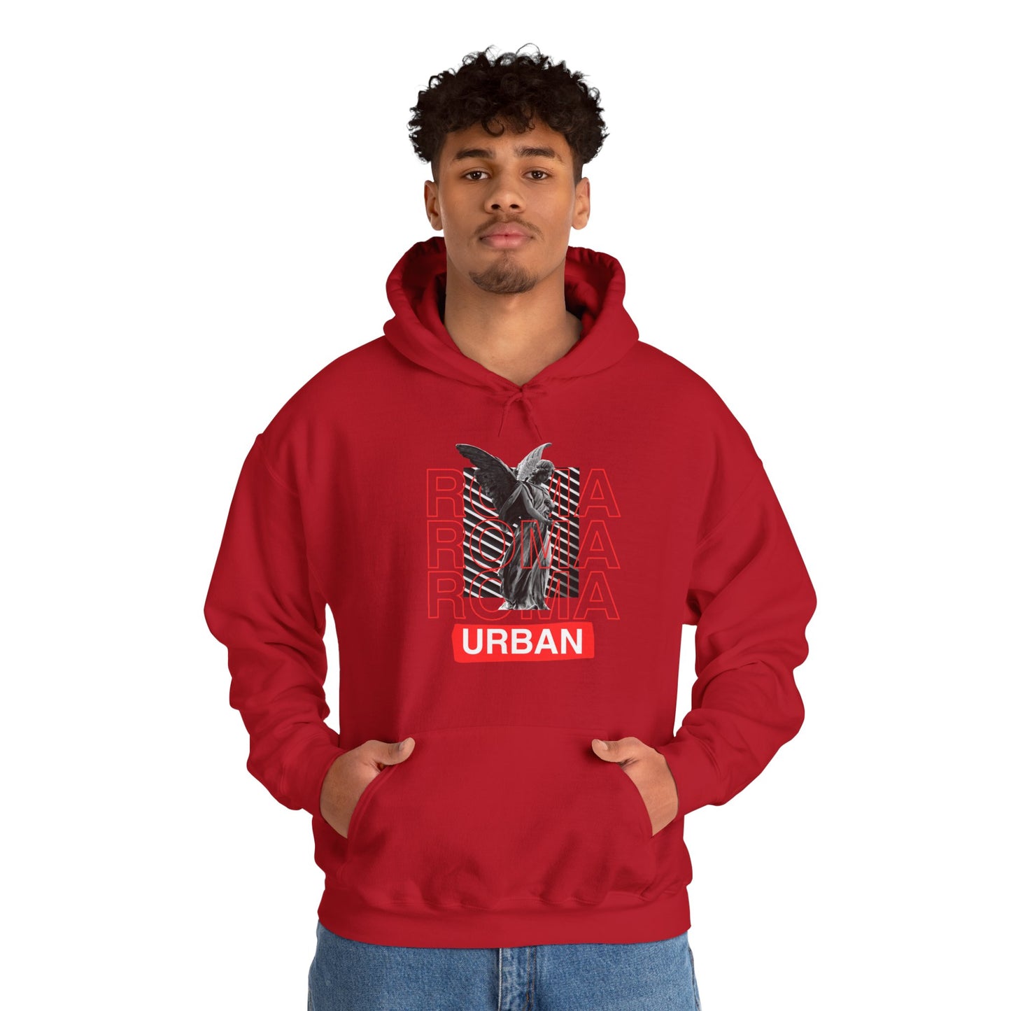 High-contrast hoodie design with Roman statue centered over ROMA wordmark, urban identity labeled below.
