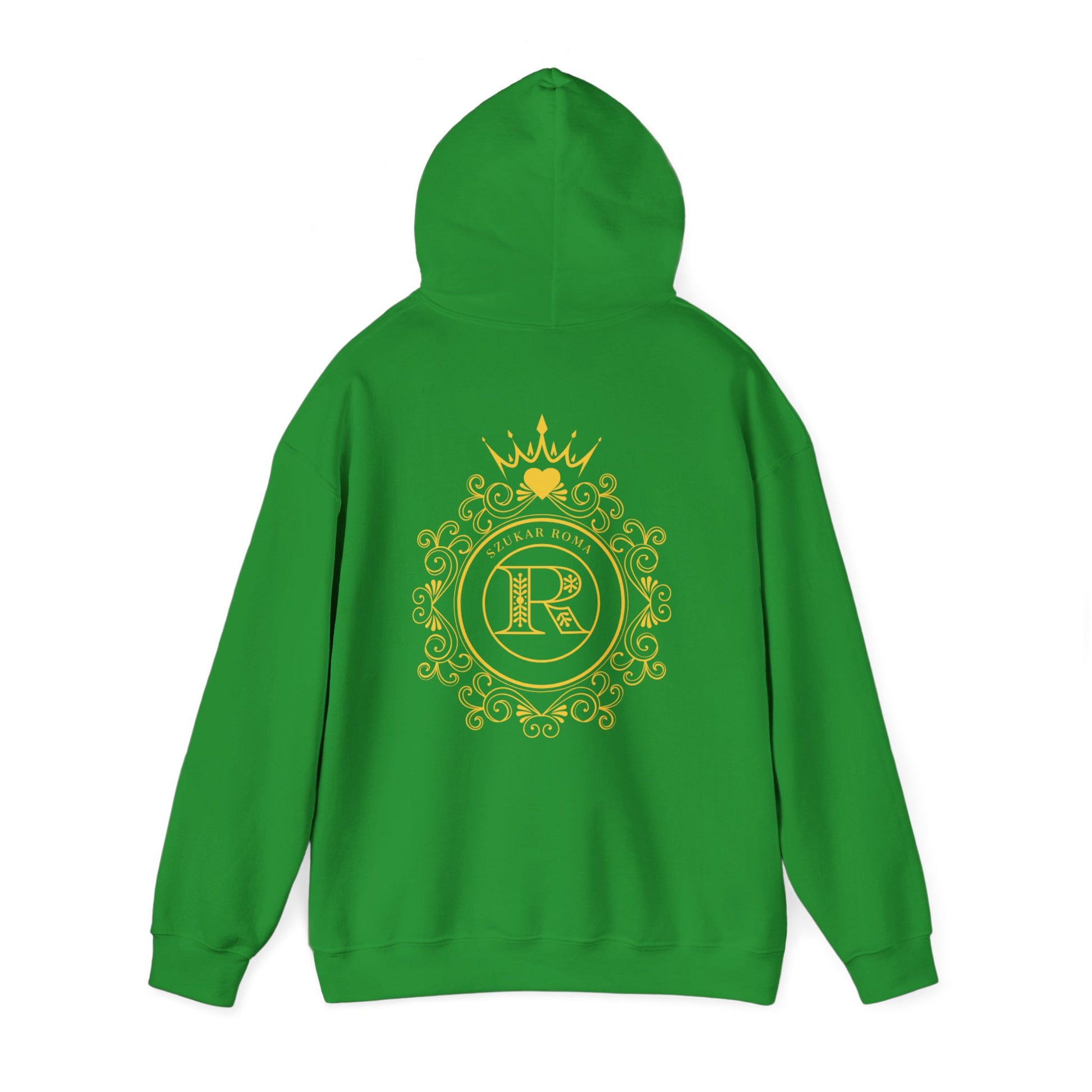 Black hoodie with bold SZUKAR ROMA text encircled by a crown and stylized R centerpiece.
