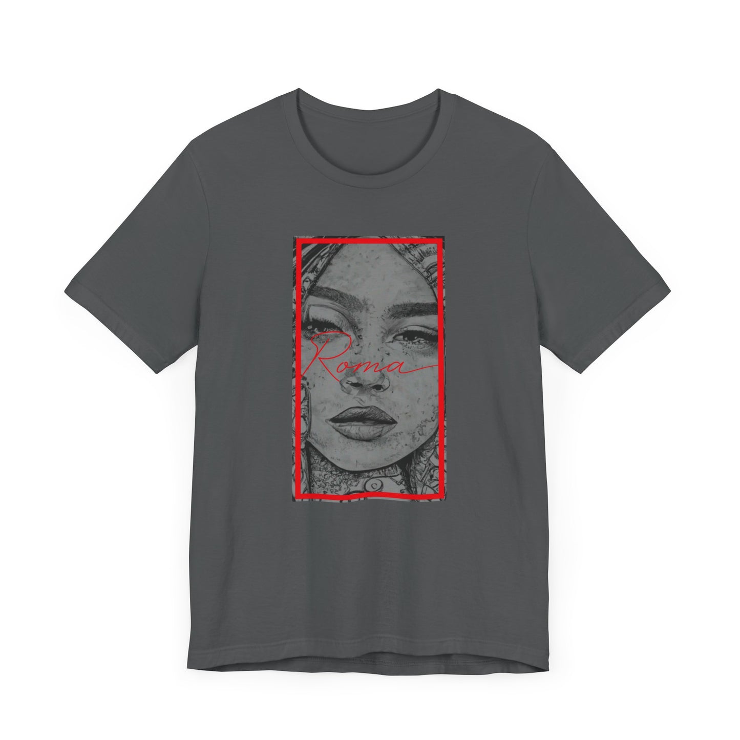 Contemporary short sleeve tee with an imposing Roma statue image, soft ‘ATTENTION’ lettering as backdrop, and ‘Roma’ text subtly included at the bottom.