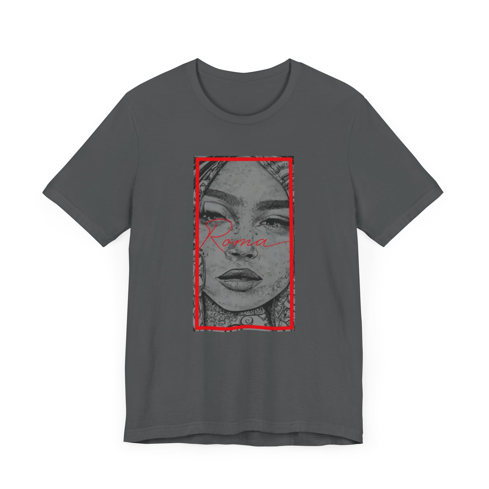 Contemporary short sleeve tee with an imposing Roma statue image, soft ‘ATTENTION’ lettering as backdrop, and ‘Roma’ text subtly included at the bottom.