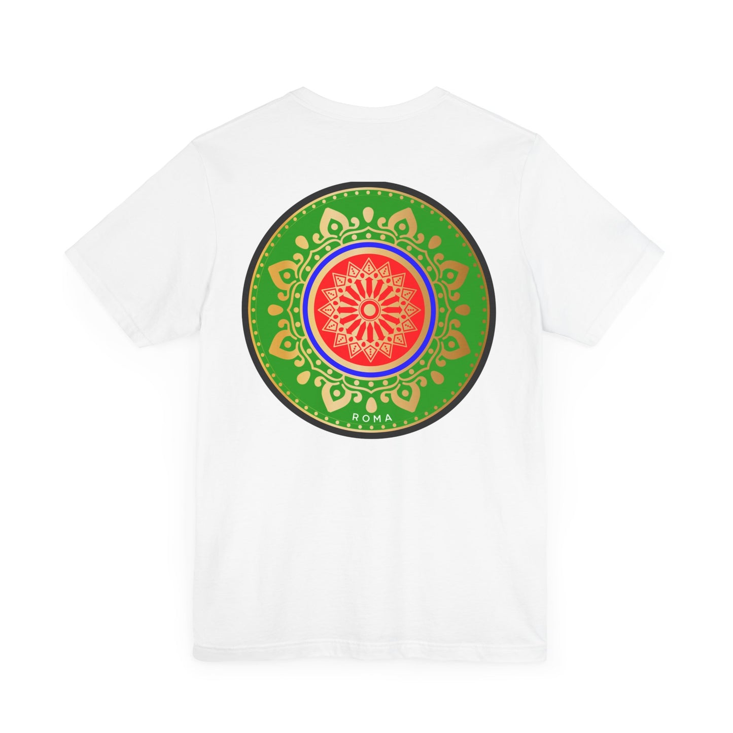 Soft cotton t-shirt with round Roma motif in deep green and metallic gold detailing.