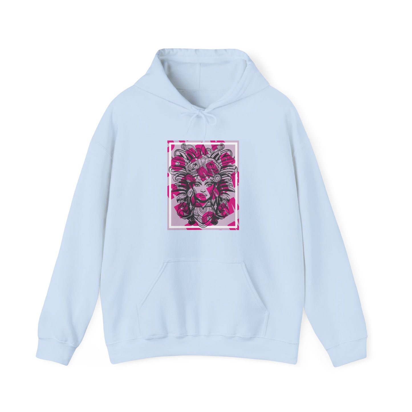 Hoodie print focused on a close-up of a girl’s eyes, framed by soft curls and shadows.

