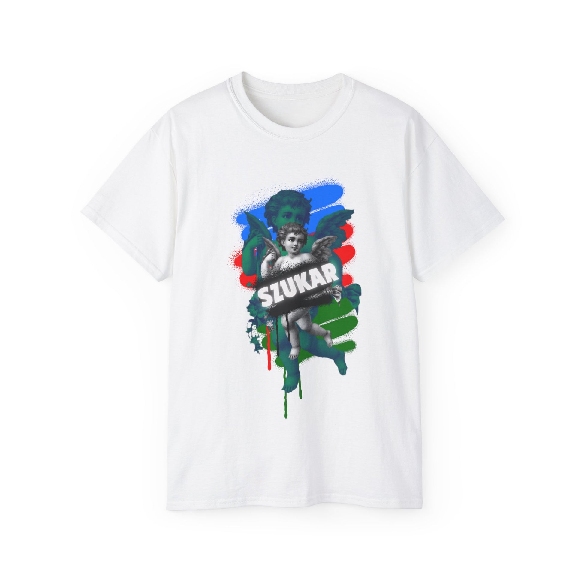 Urban-inspired tee design with an illustrated angel and modern graffiti-style 'SZUKAR ROMA' beneath the artwork.