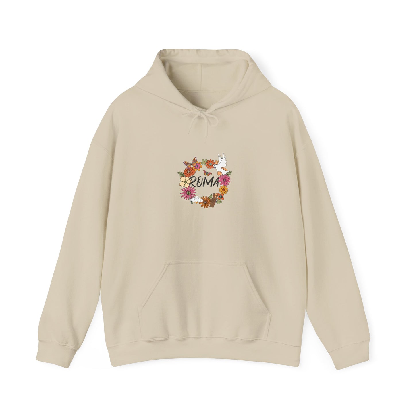 Hoodie with a peaceful dove resting within a floral wreath, centered by the bold “ROMA” insignia—symbolizing serenity and strength.

