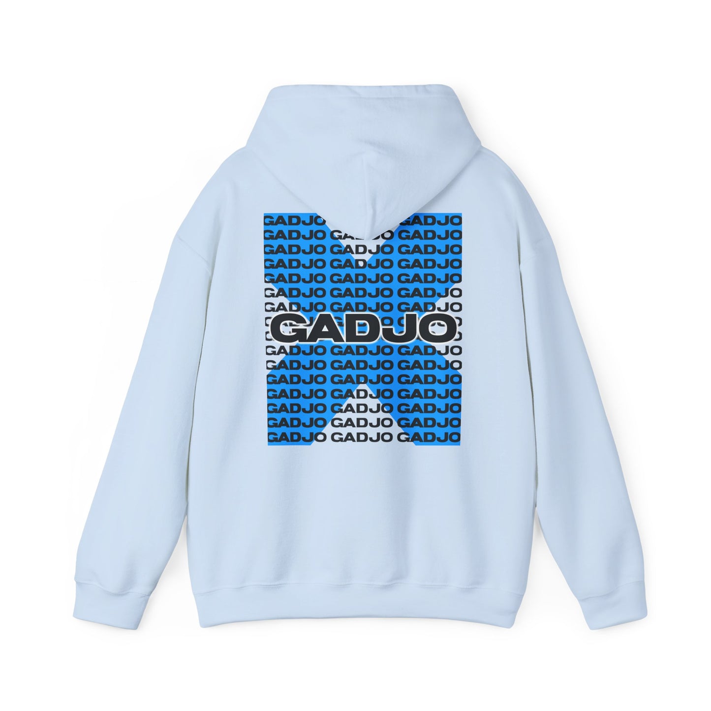 Relaxed hoodie with minimalist “GADJO” text in sleek, vertical placement.

