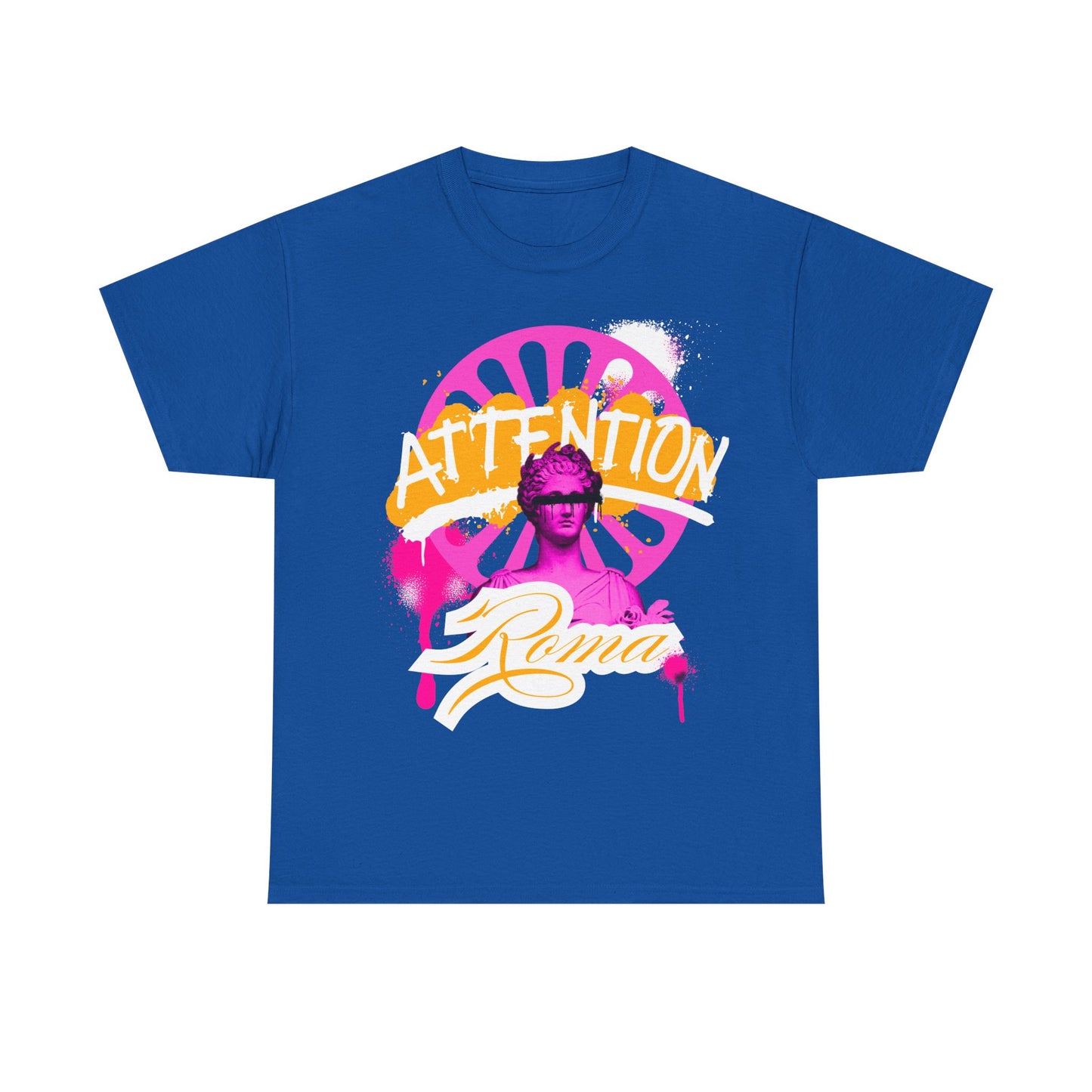 Men’s casual shirt with Roma statue image centered, 'ATTENTION' text behind in faded style, and 'Roma' text below the statue.