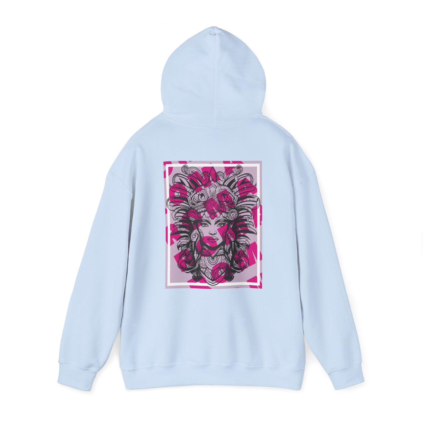 Casual hoodie showcasing a close-up of a girl’s face framed by flowing hair and subtle highlights.

