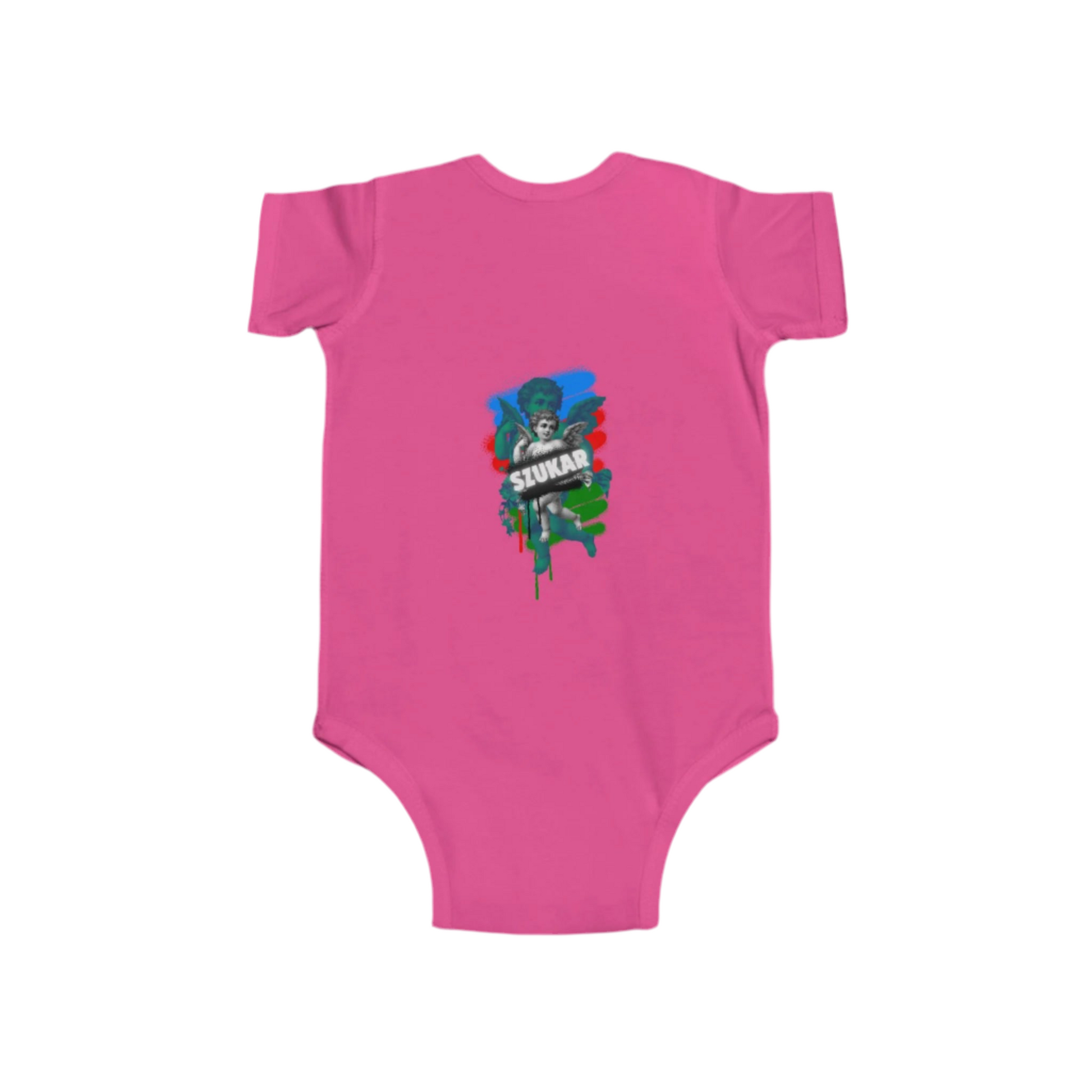 Pink baby onesie with a colorful graphic design on a white background
