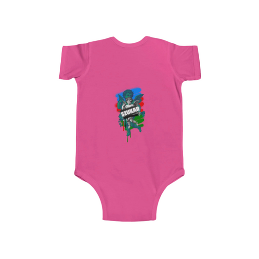 Pink baby onesie with a colorful graphic design on a white background