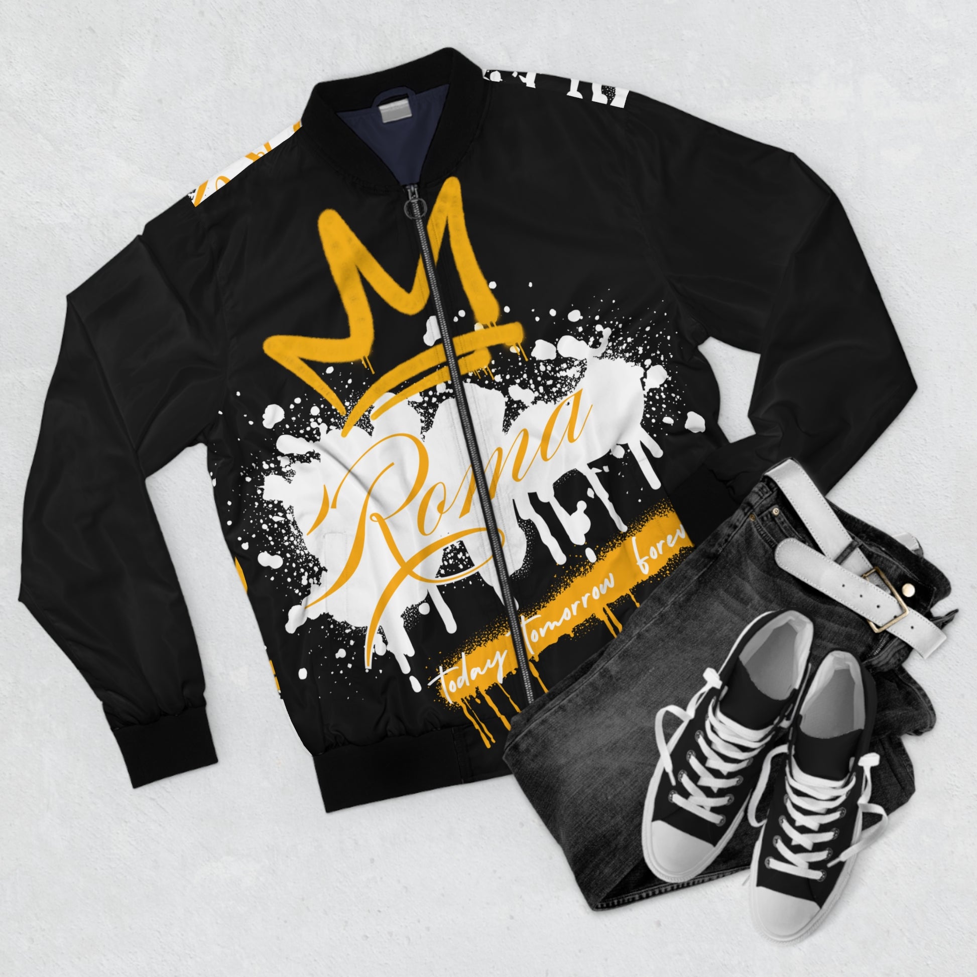 Zip-up jacket featuring a bold crown and ROMA-themed design, with the inspiring phrase “Today. Tomorrow. Forever.” across the back. Crown graphic sits prominently on the chest, symbolizing pride and resilience, while the timeless message runs along the spine or lower back for a powerful finish.