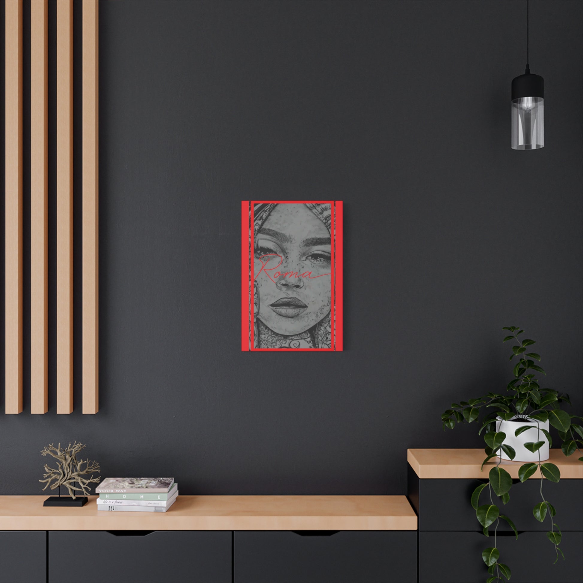 Artistic wall décor featuring a detailed girl’s face with glistening tears, complemented by statement ROMA lettering.