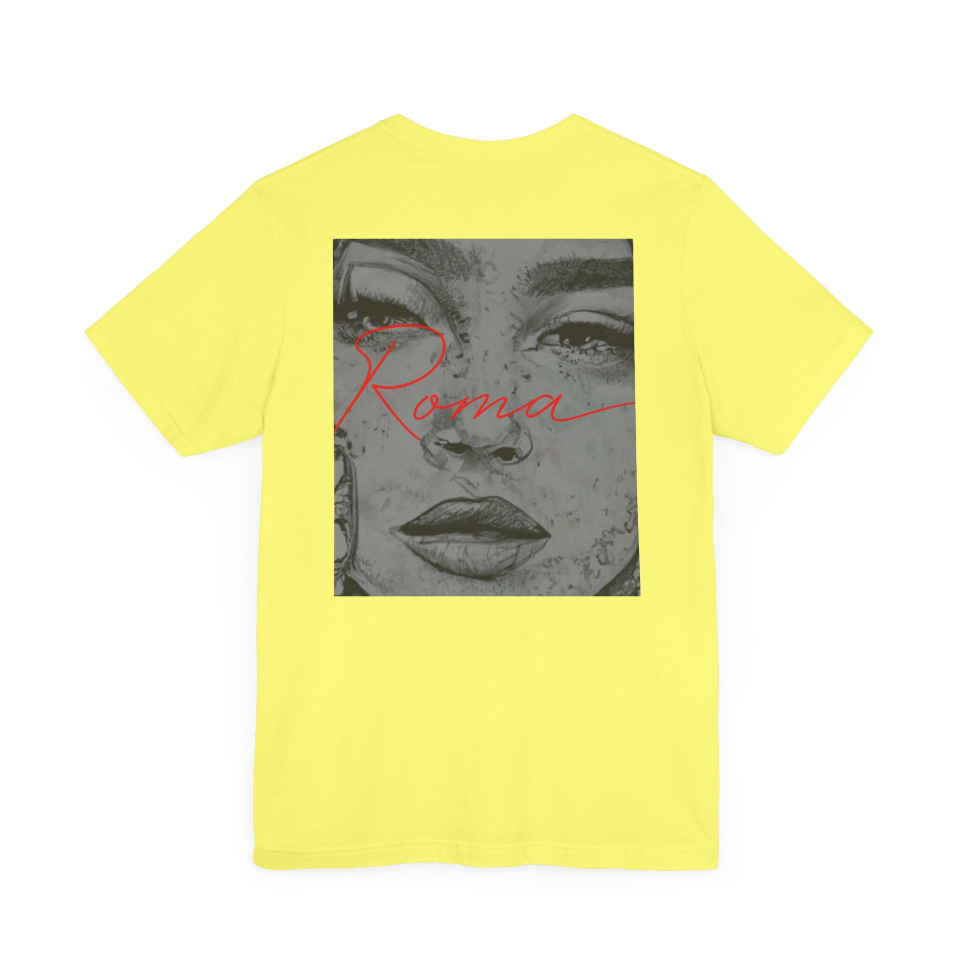 Streetwear-inspired tee with a Roma statue front graphic, ‘ATTENTION’ text shadowed behind, and ‘Roma’ below the statue.