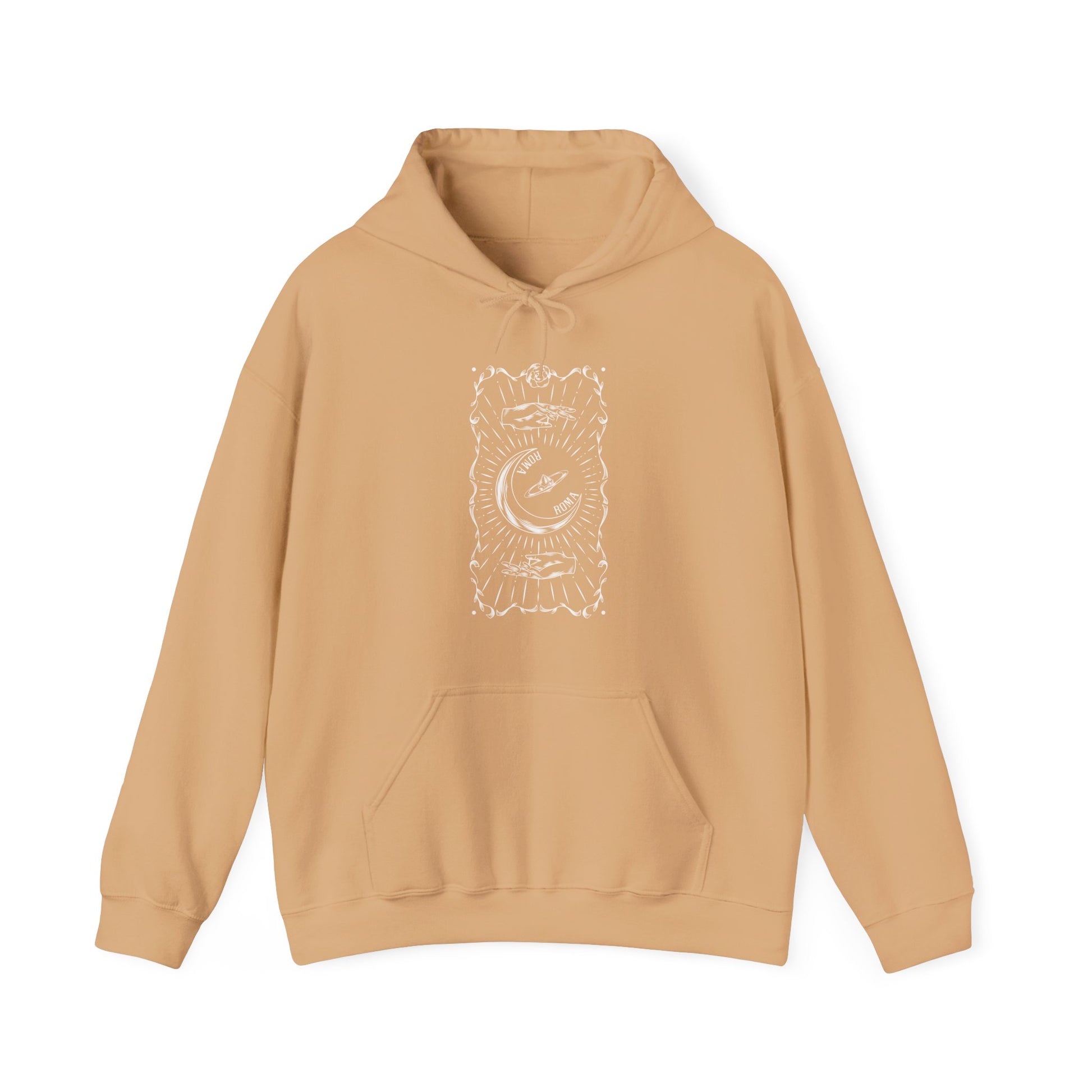 Stylish SAND hoodie with half-moon design and bold ROMA typography