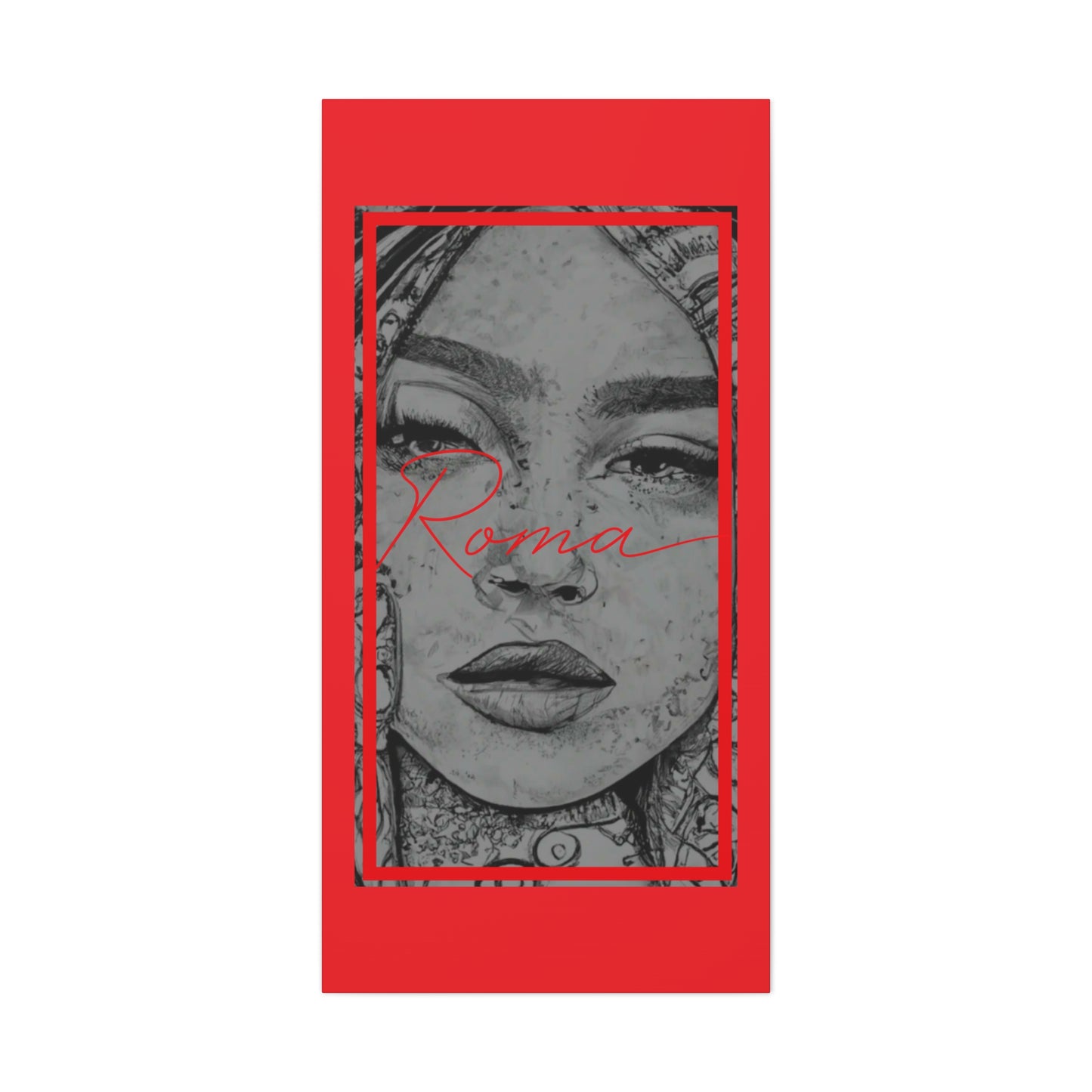 Modern canvas with a stylized sketch-effect of a girl’s face up-close, subtle tears in view, paired with minimalist ROMA font.