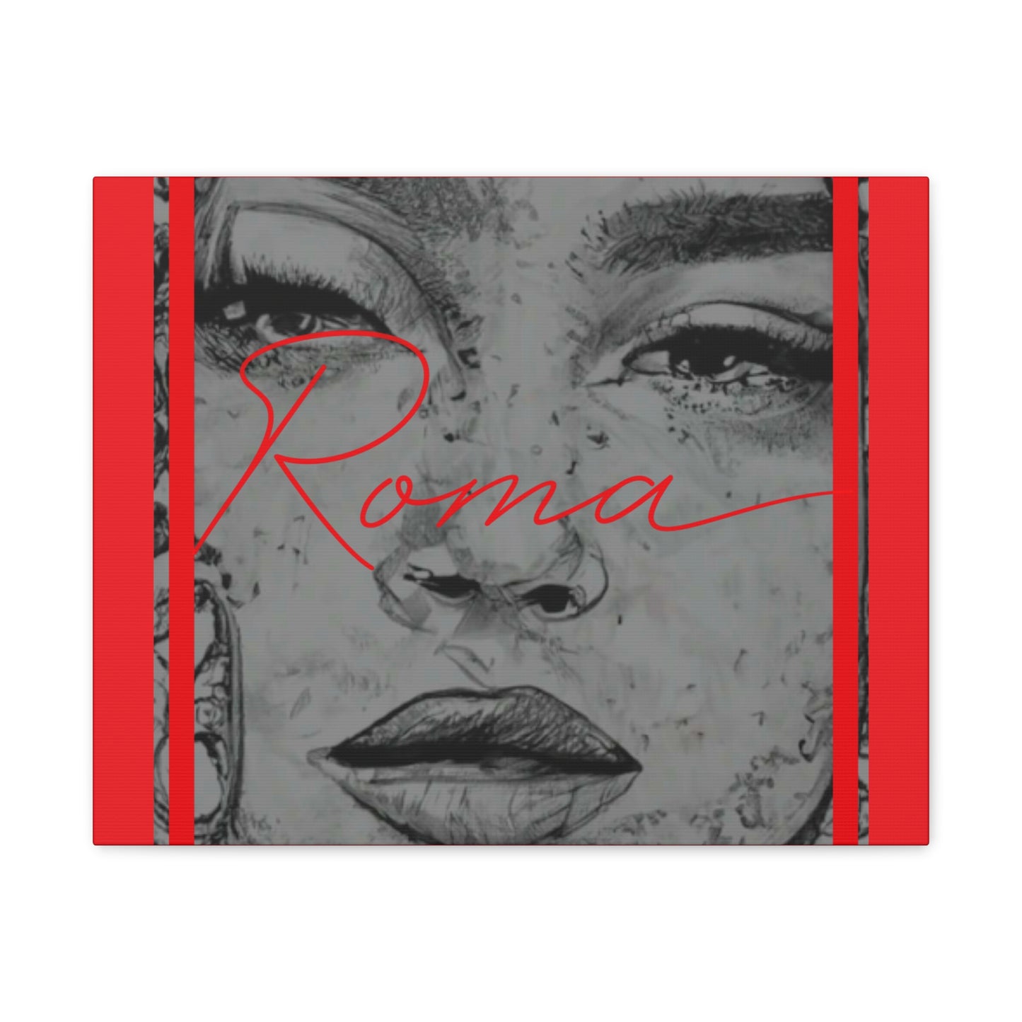 Wall art featuring a sorrowful girl’s face in close detail, with clean, vertical ROMA lettering beside her.