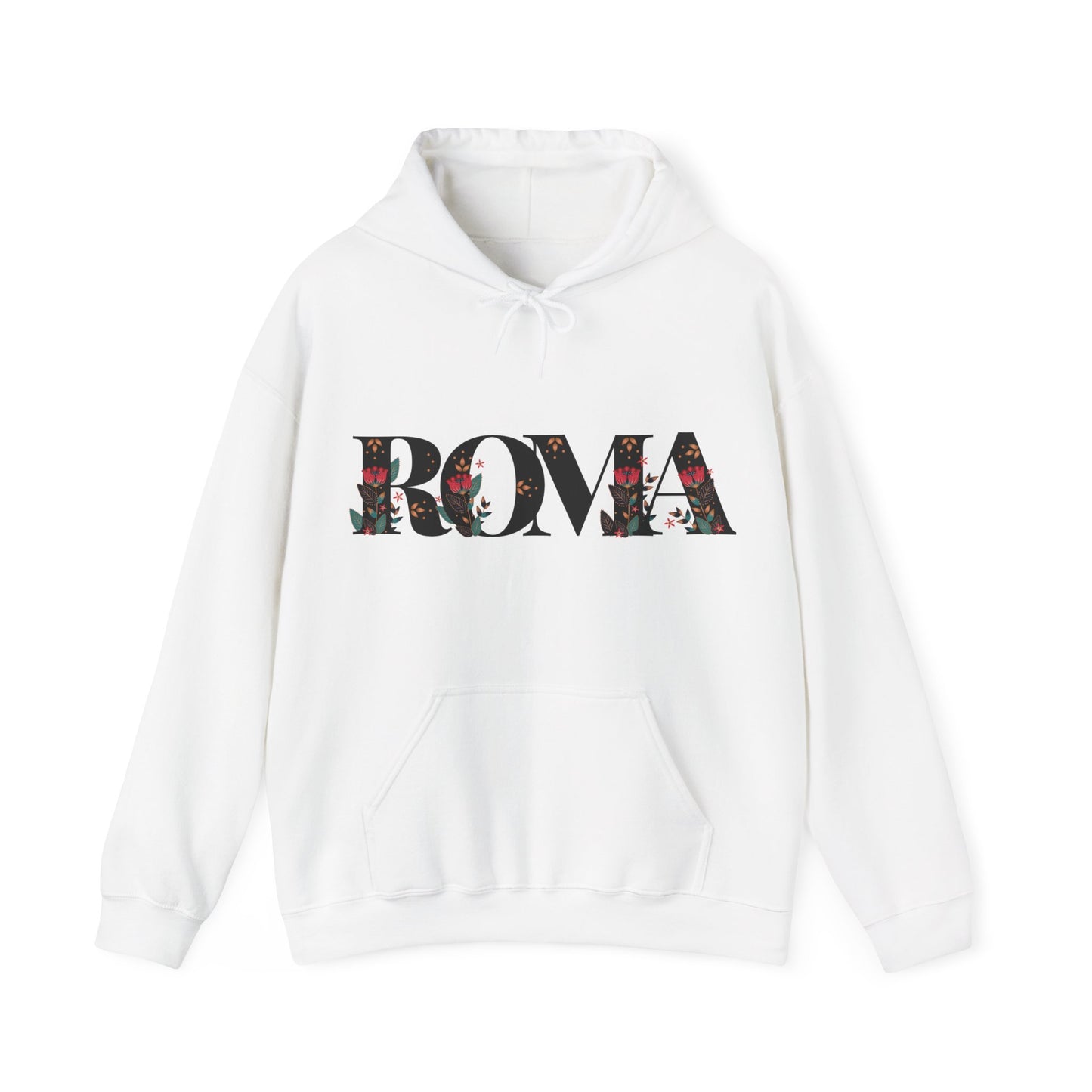 Minimalist Hoodie design centered with a symbolic ROMA TEXT with a ROMA featuring SZUKAR ROMA.
