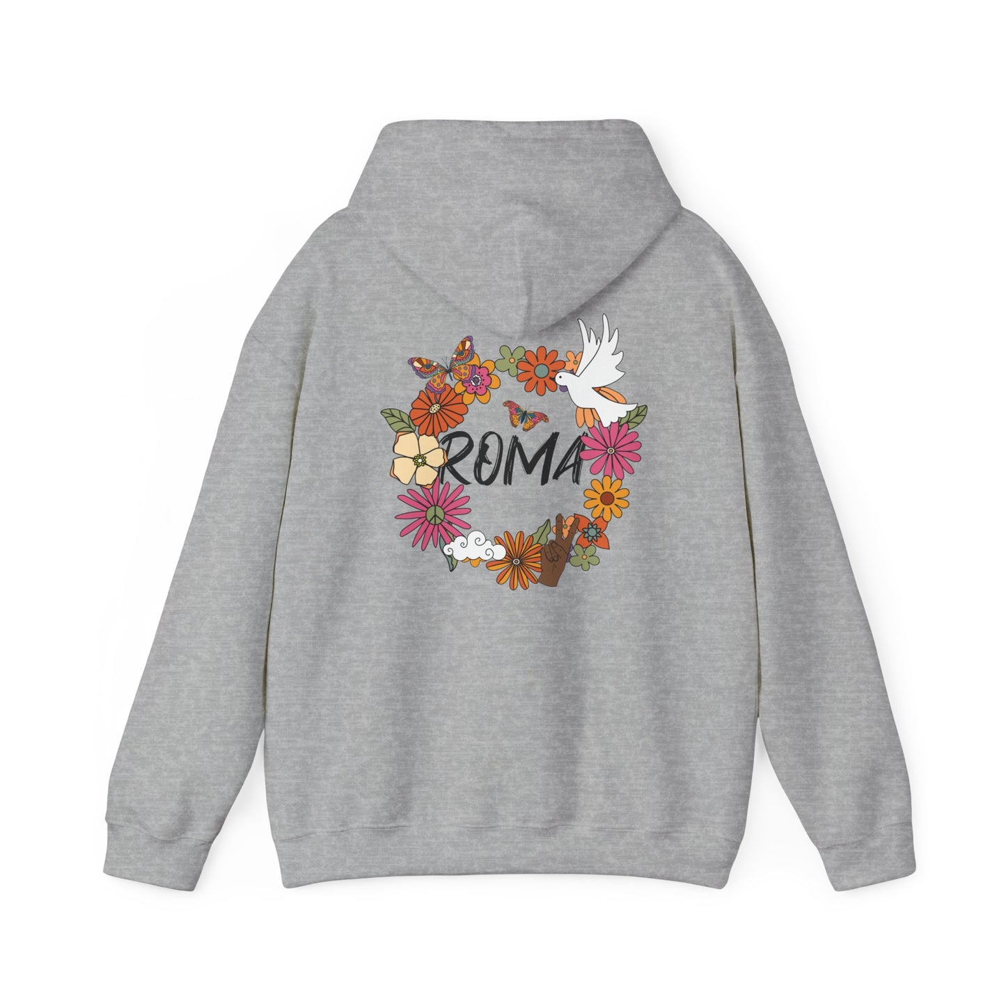 Hoodie adorned with a graceful floral circle, enclosing a dove in flight and the bold “ROMA” text at its heart.