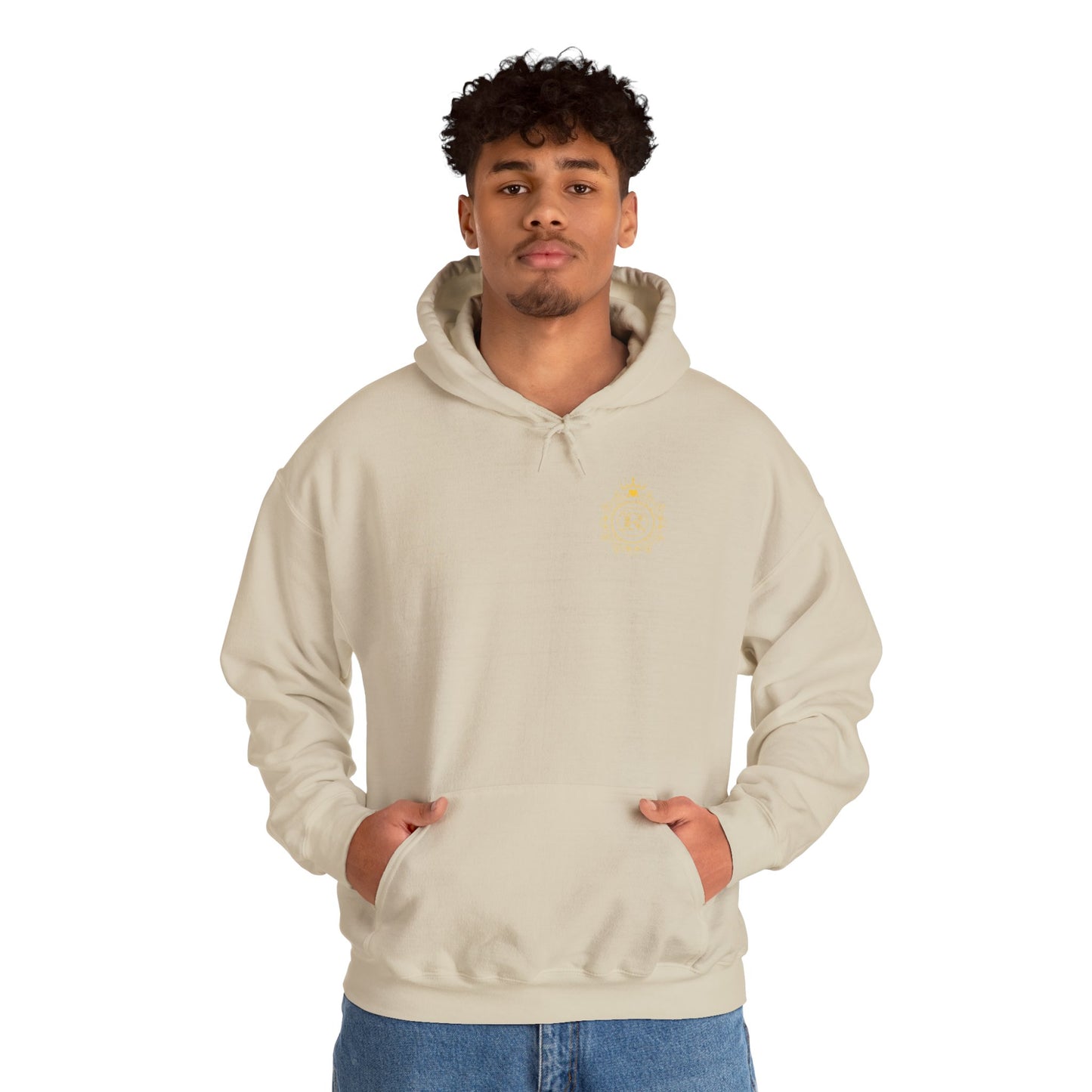 Minimalist hoodie with a circular crest, crown detail, and SZUKAR ROMA text in the center.

