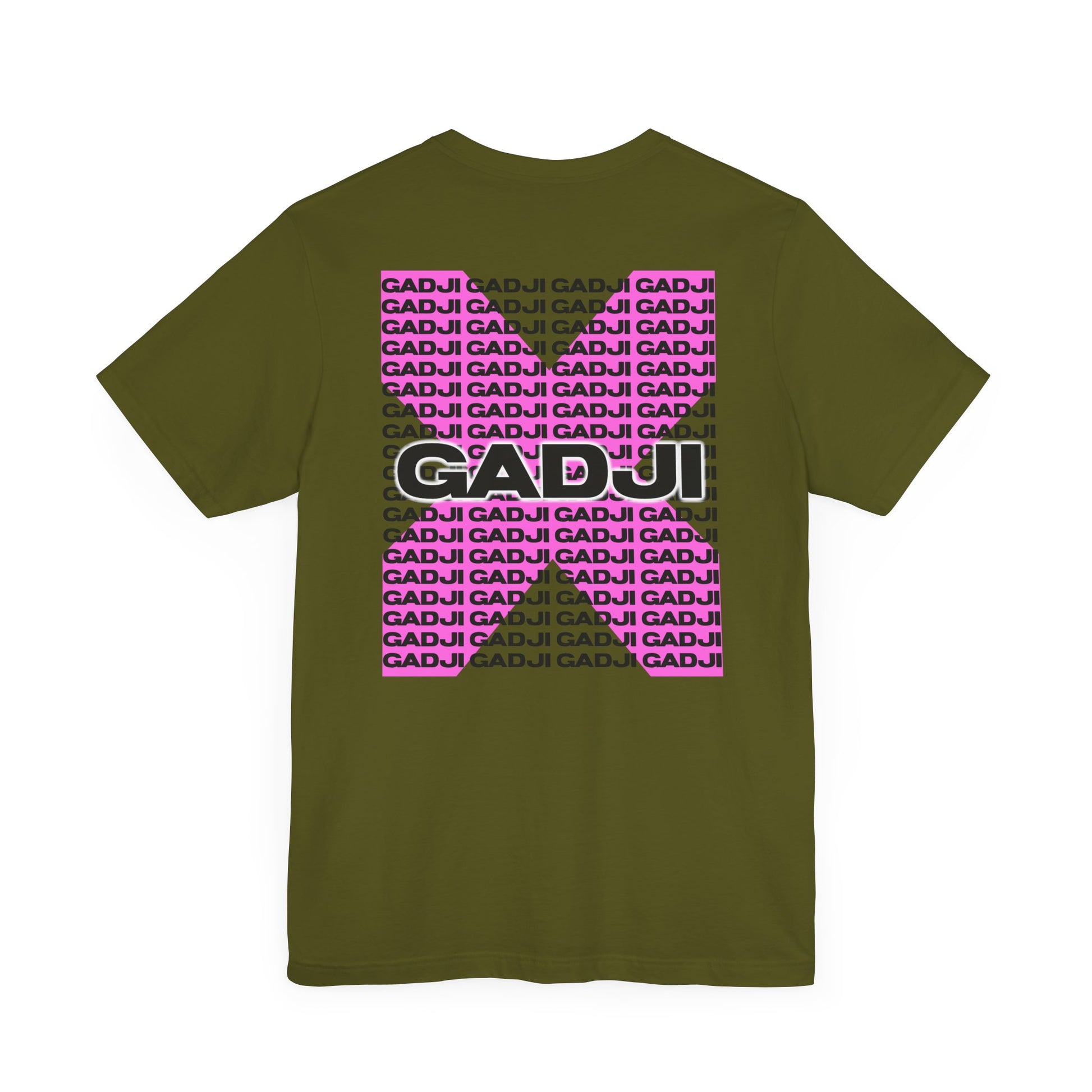 Casual shirt featuring GADJI text designed in sharp Roman serif font with subtle shadow and embossing.