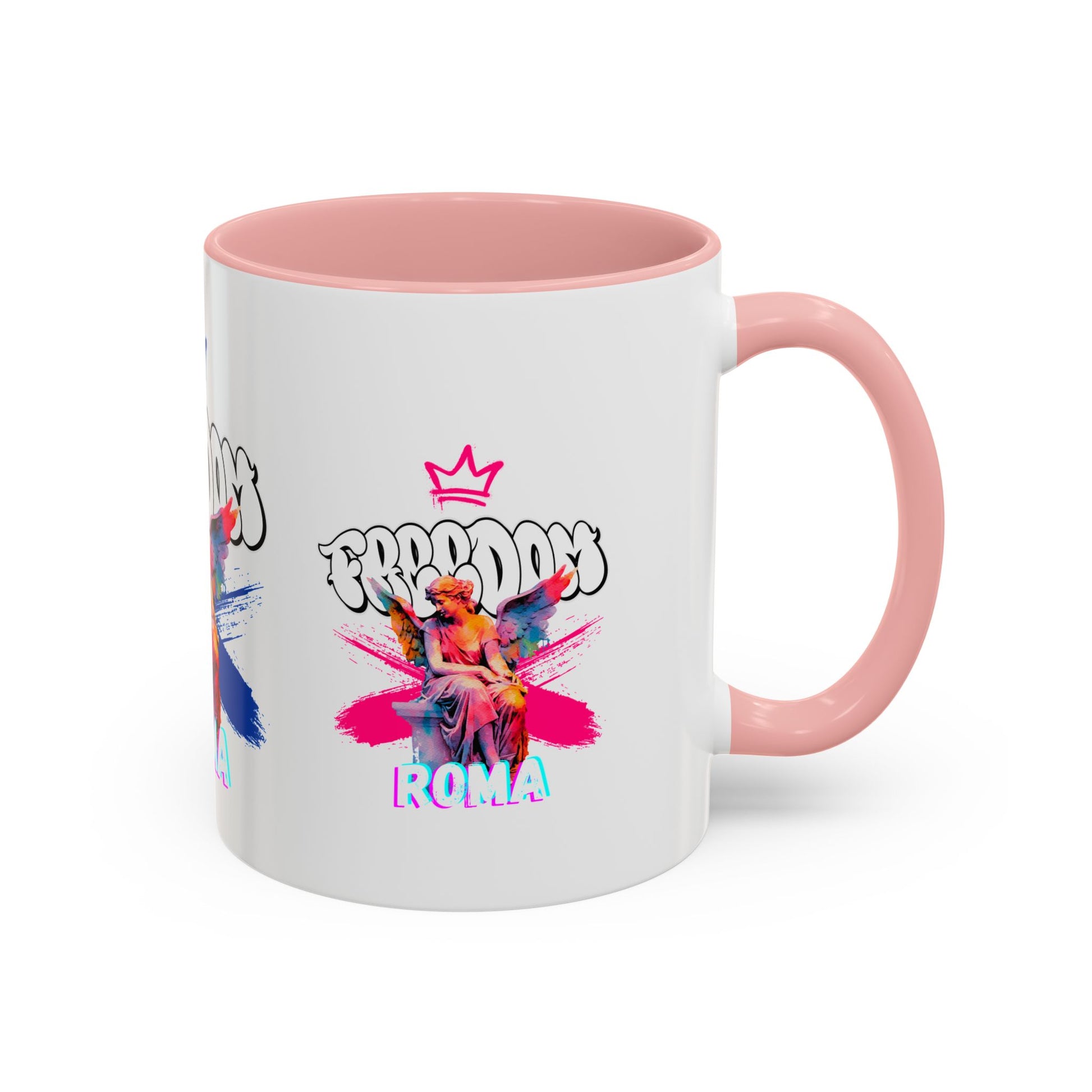 Elegant white mug with pink handle and rim, crowned angel design and ROMA text