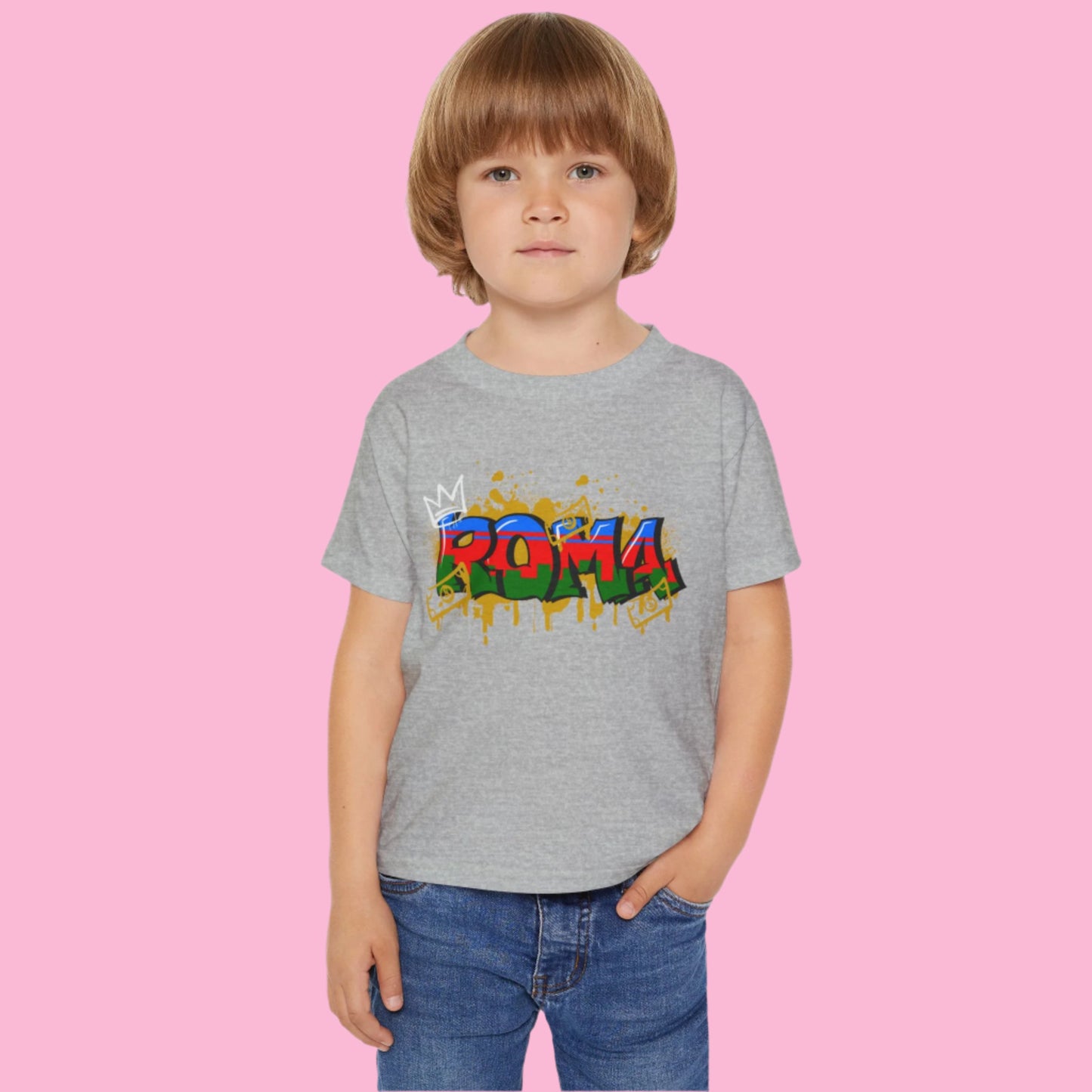 Short sleeve gray tee featuring  ROMA wordmark