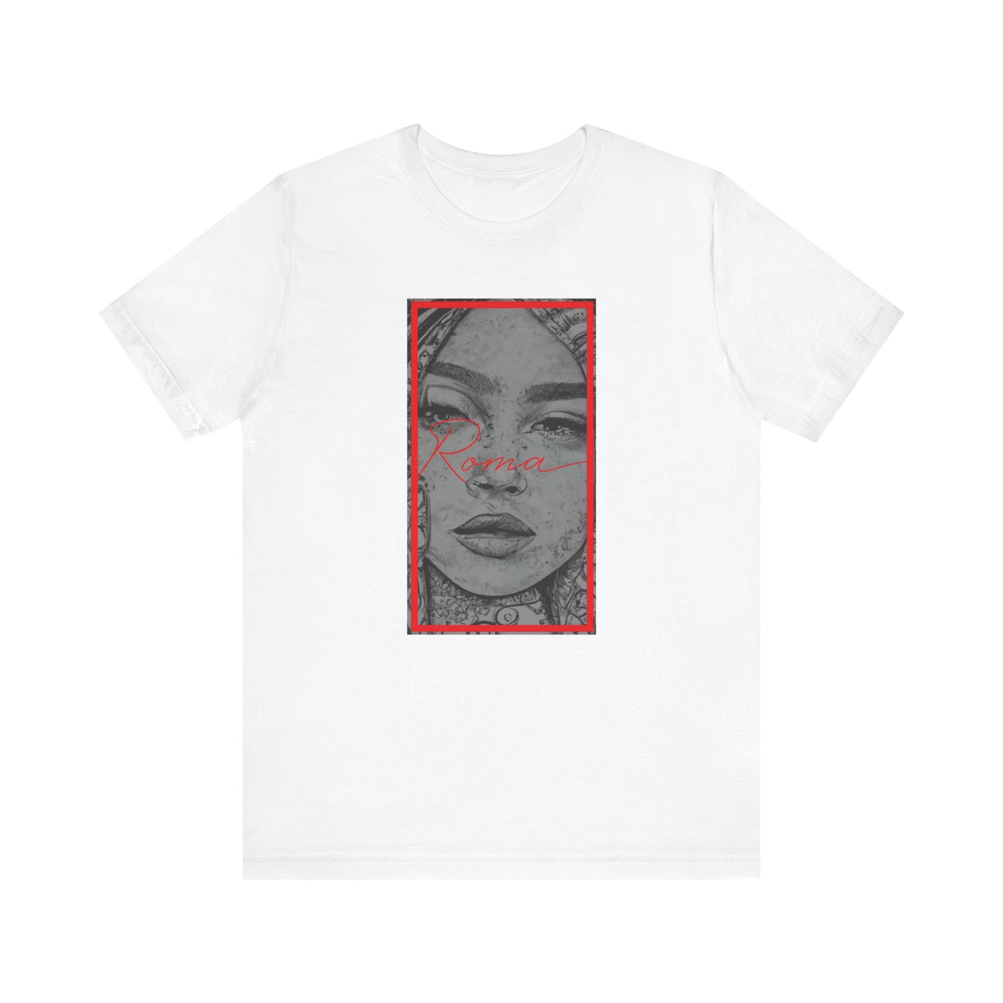 Short sleeve t-shirt with a close-up artistic sketch of a girl’s face, adorned with tribal face paint and accessories.