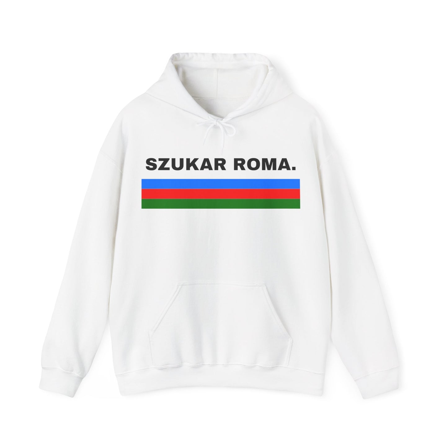 Hoodie with an artistic take on the Roma flag and minimalist “SZUKAR ROMA” type in front.