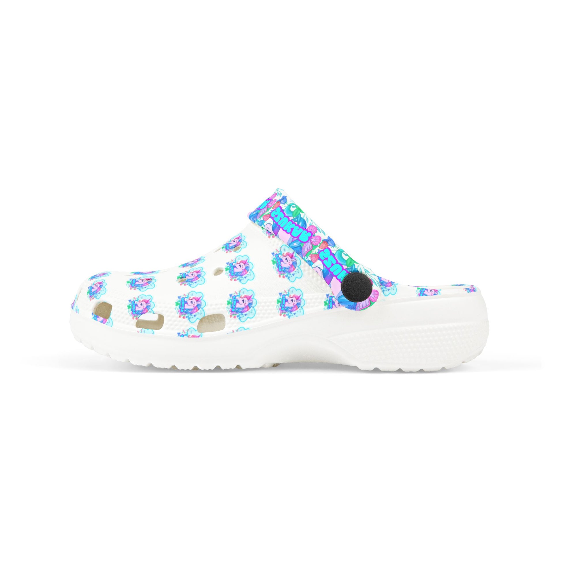 Stylish Crocs featuring bold unicorn artwork with glittery accents.

