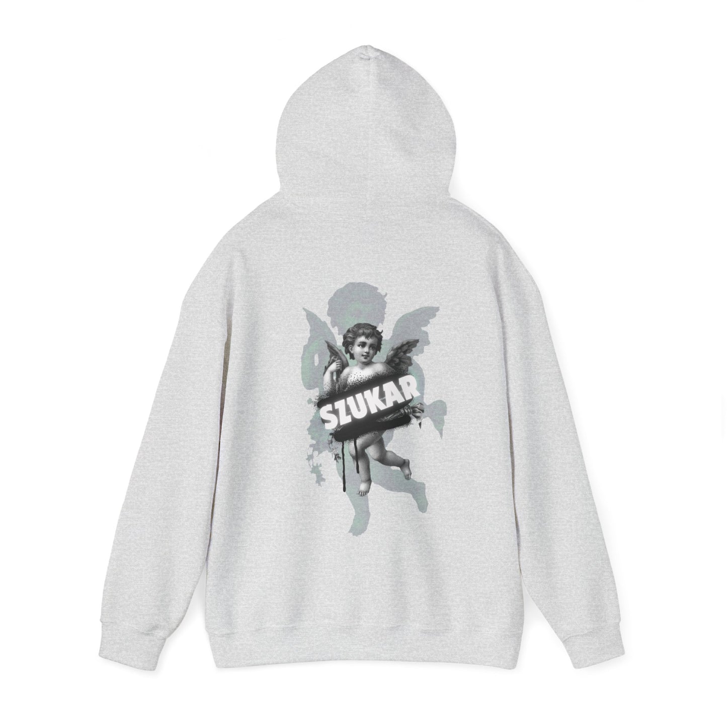 Layered hoodie with double-exposure angel face graphic and graffiti-inspired ‘SZUKAR’ name.