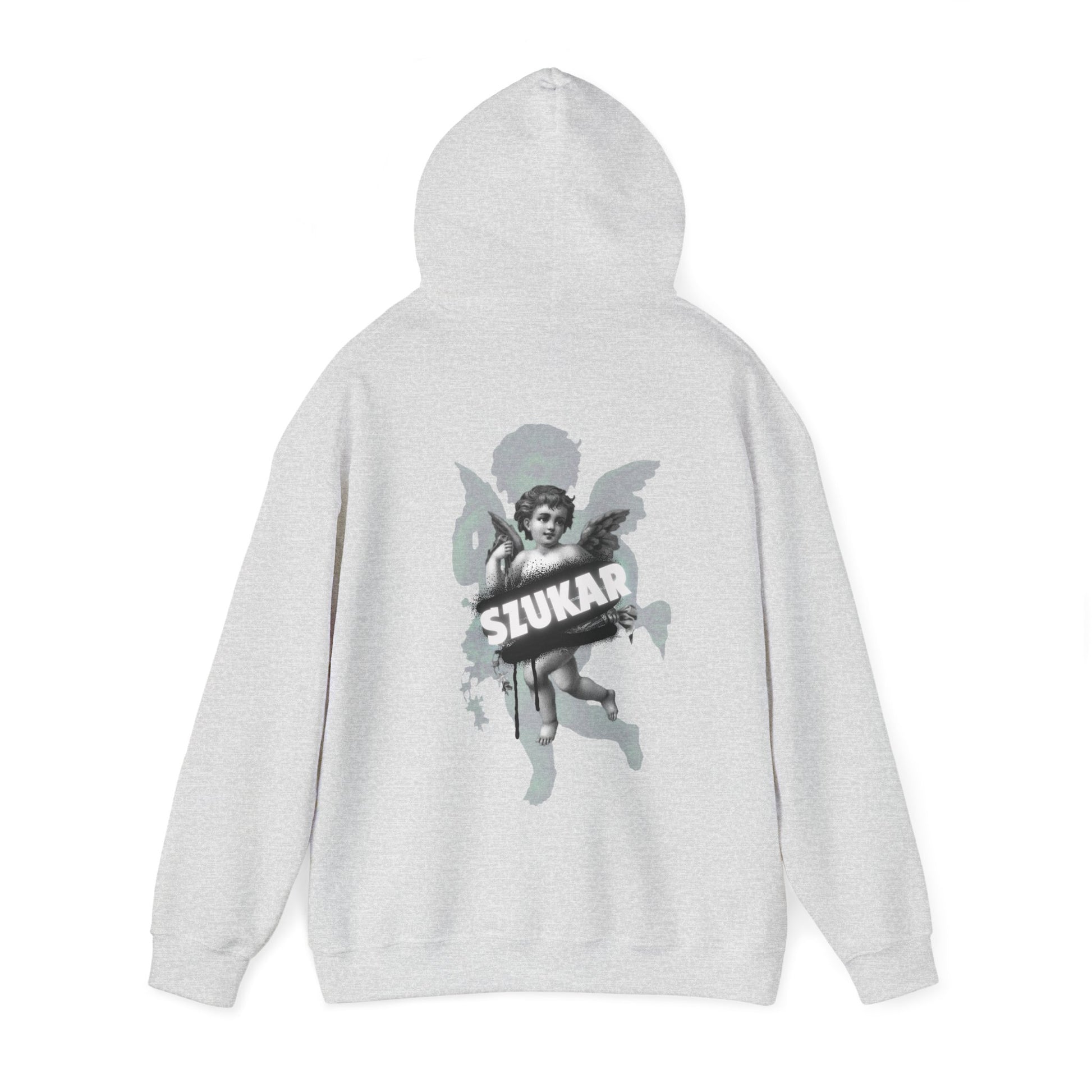 Layered hoodie with double-exposure angel face graphic and graffiti-inspired ‘SZUKAR’ name.