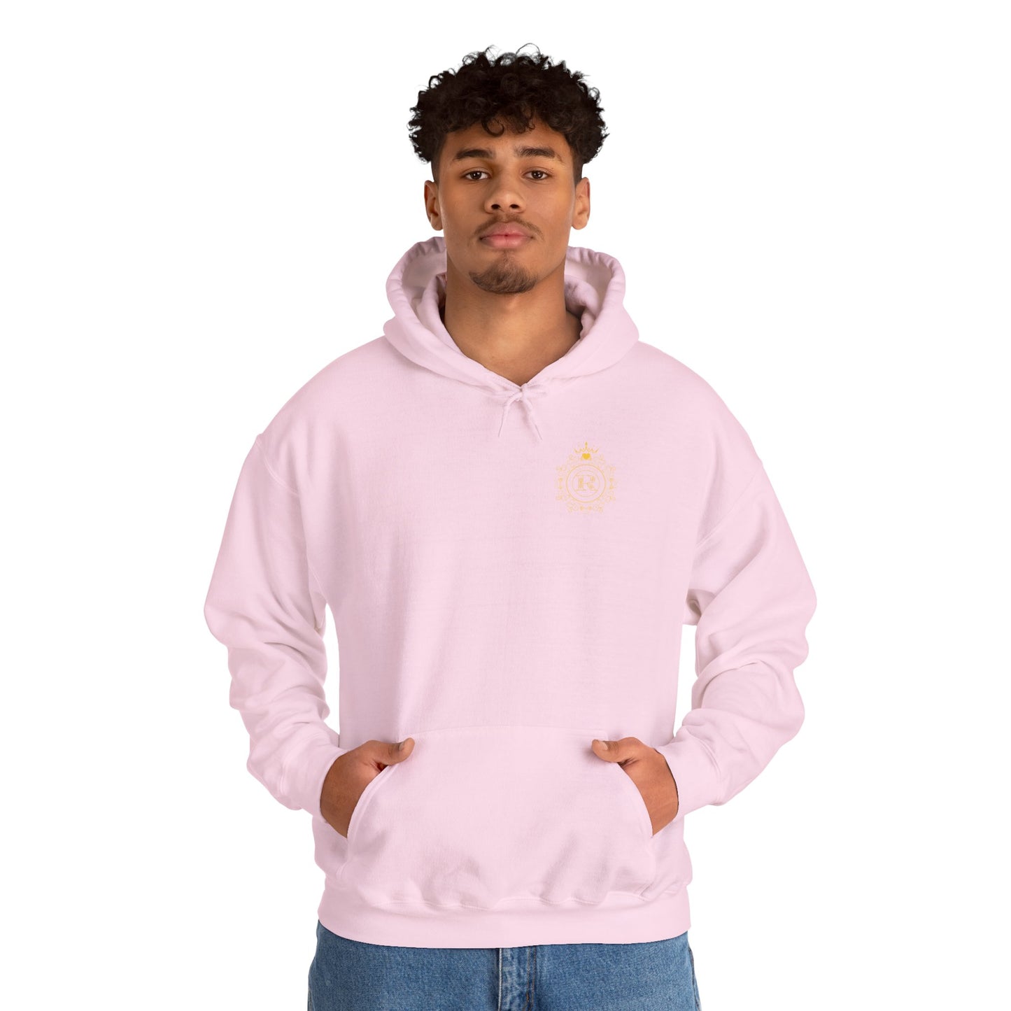 Graphic hoodie showcasing a crowned circle with R and SZUKAR ROMA typography.
