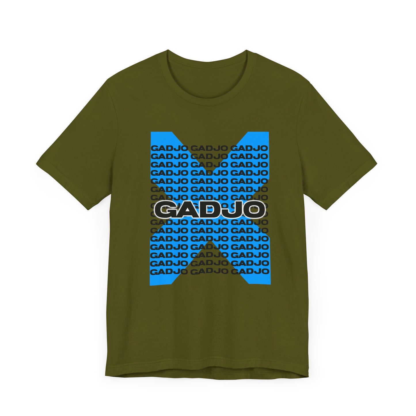 T-shirt featuring large GADJO text over a faded map-style background design.