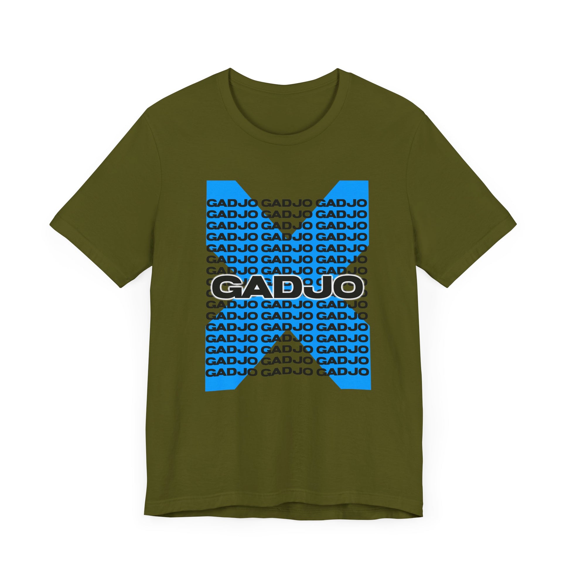 T-shirt featuring large GADJO text over a faded map-style background design.