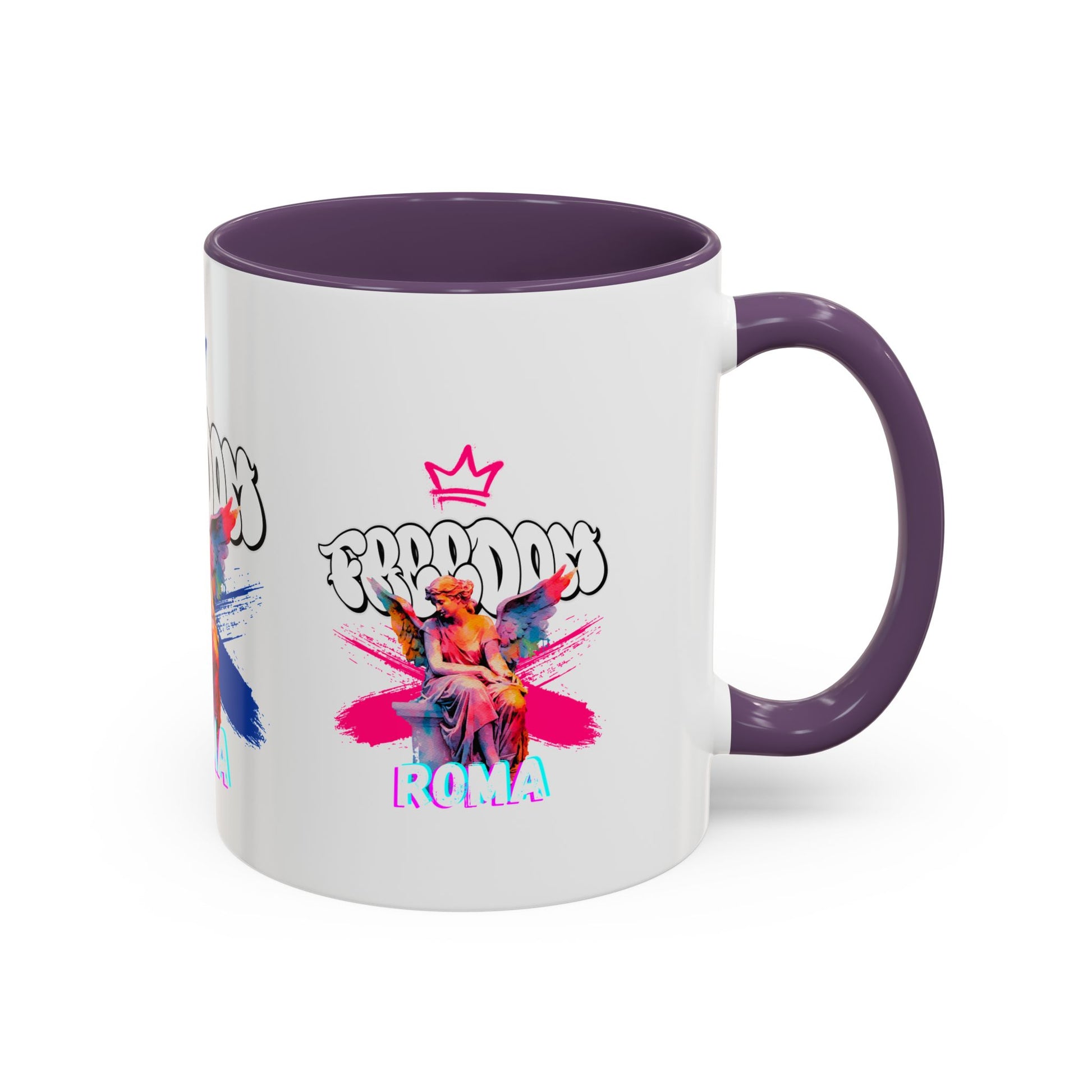 Romantic purple mug with warm-sensitive green rim, angel figure and ROMA detail
