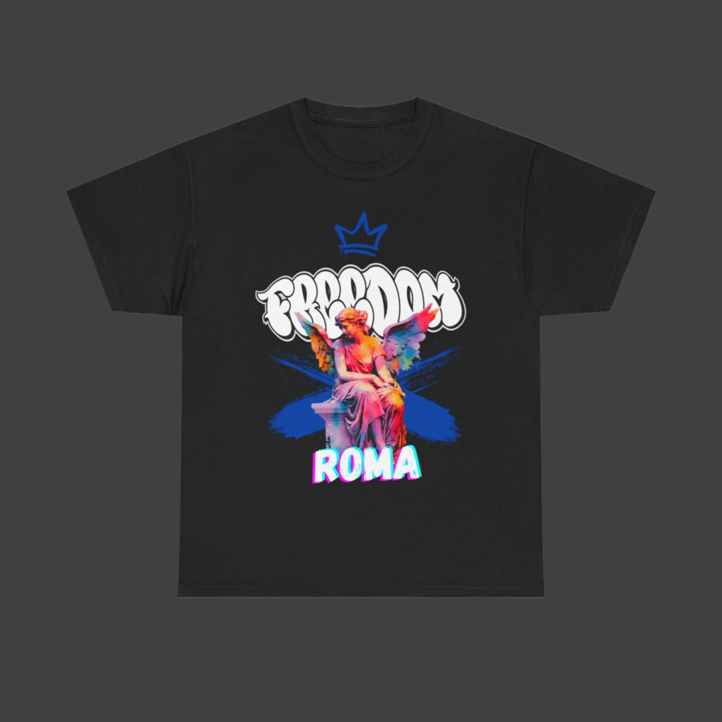 black t-shirt tee front crown freedom angel sketch roma design
