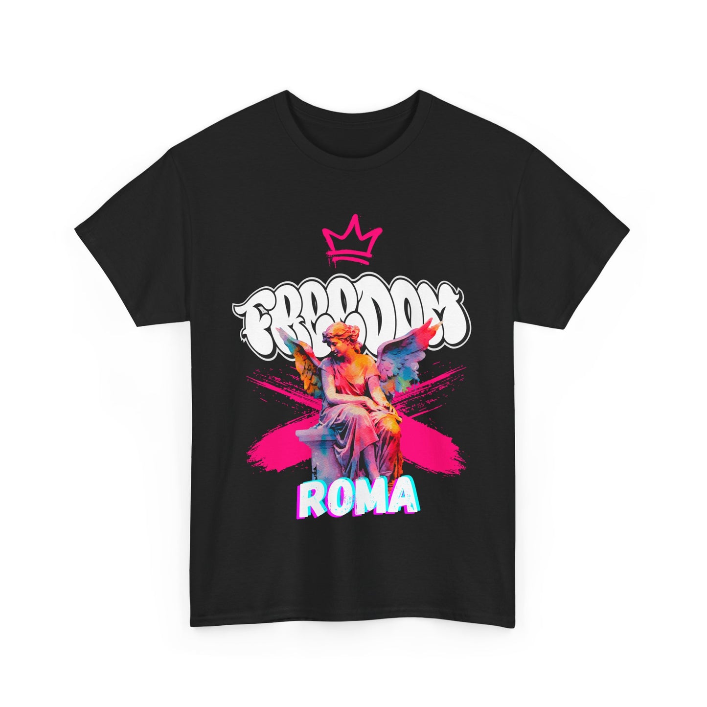 Black short-sleeve T-shirt with pink angel graphic and ROMA text print