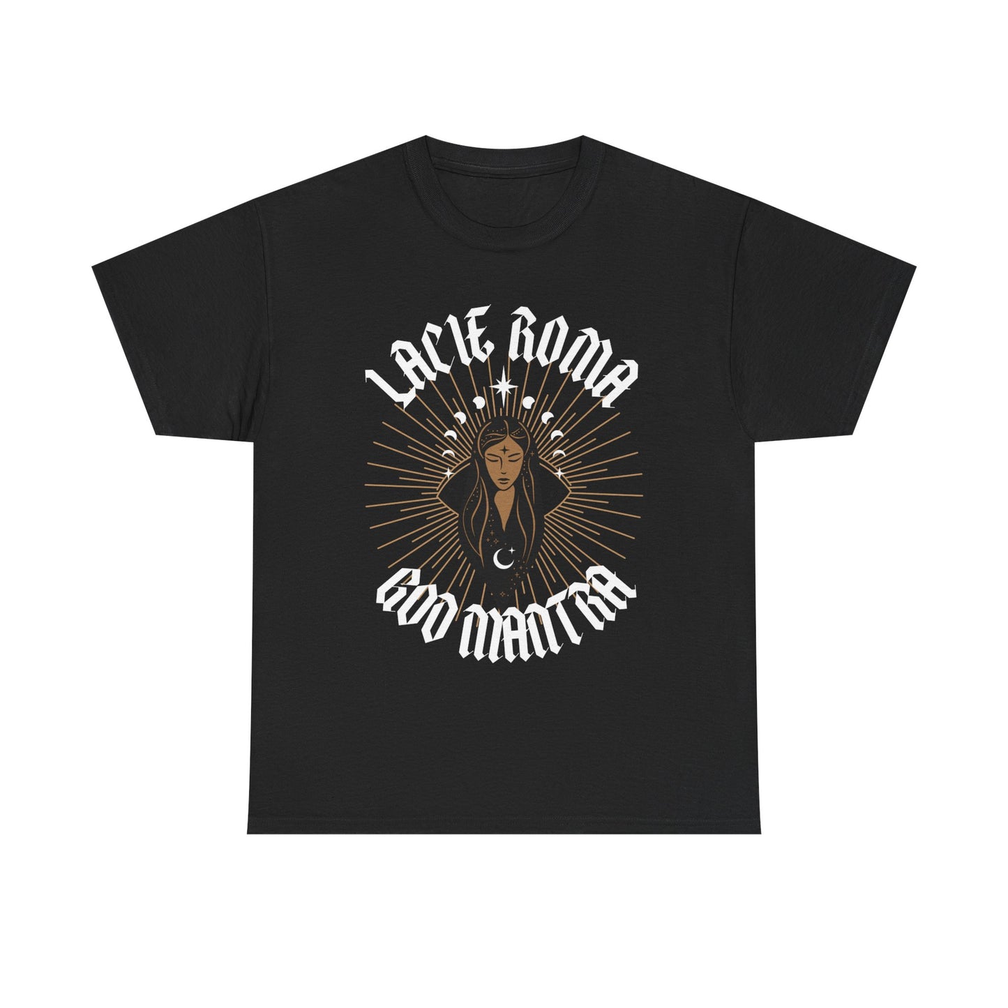 Tee featuring a centered girl surrounded by an aura of tribal sun rays and mystical moon phases, marked with bold 'LACIE ROMA' and handwritten 'GOO Mantra'