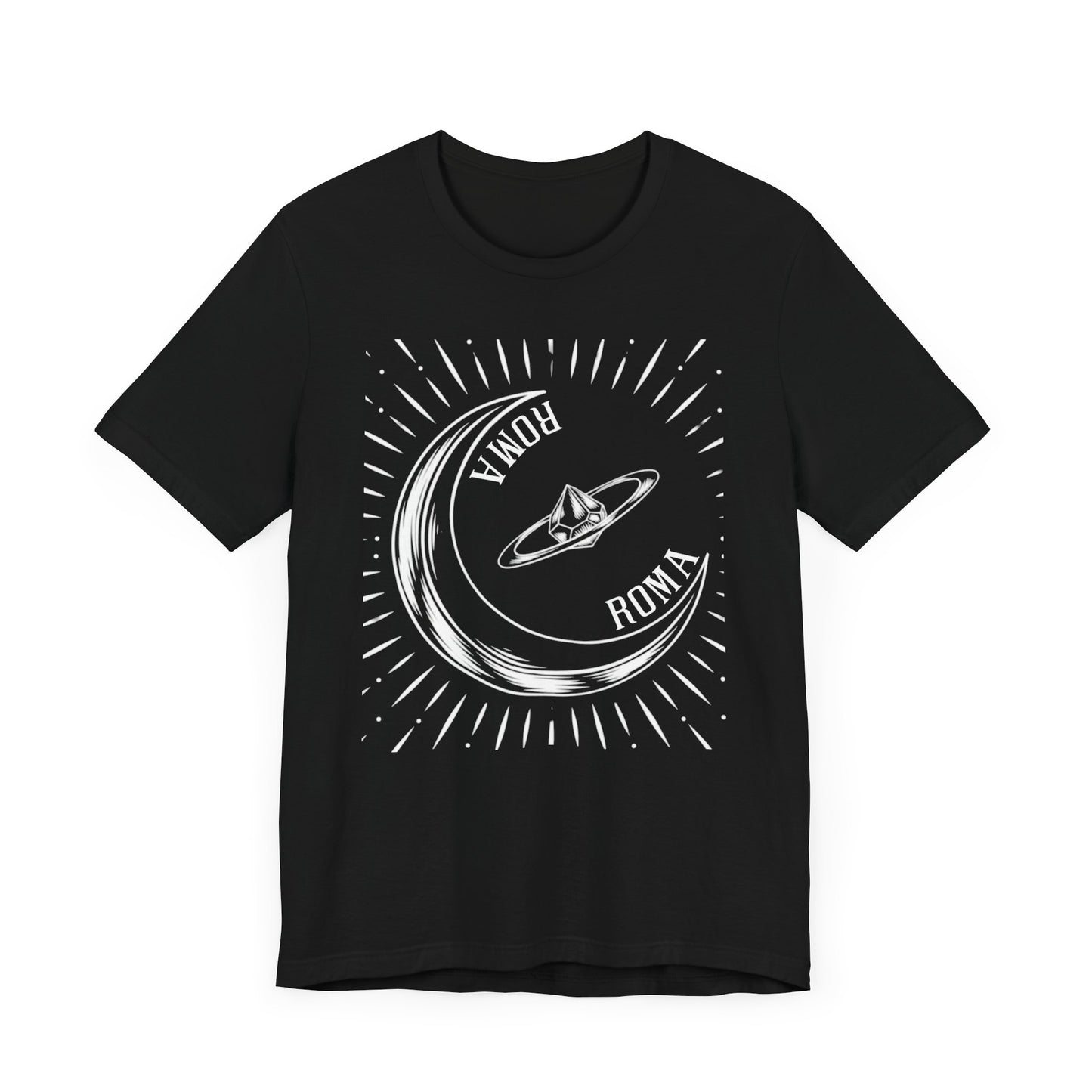 Aesthetic tee with a spiritual half-moon accent and elongated ROMA font vertically placed.