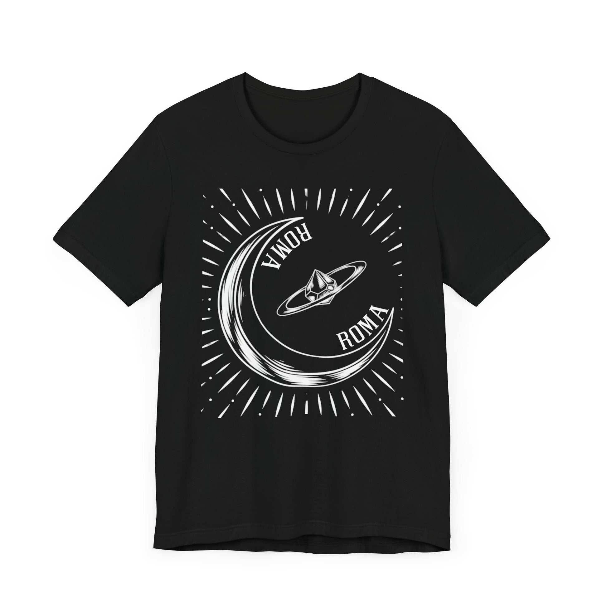 Aesthetic tee with a spiritual half-moon accent and elongated ROMA font vertically placed.