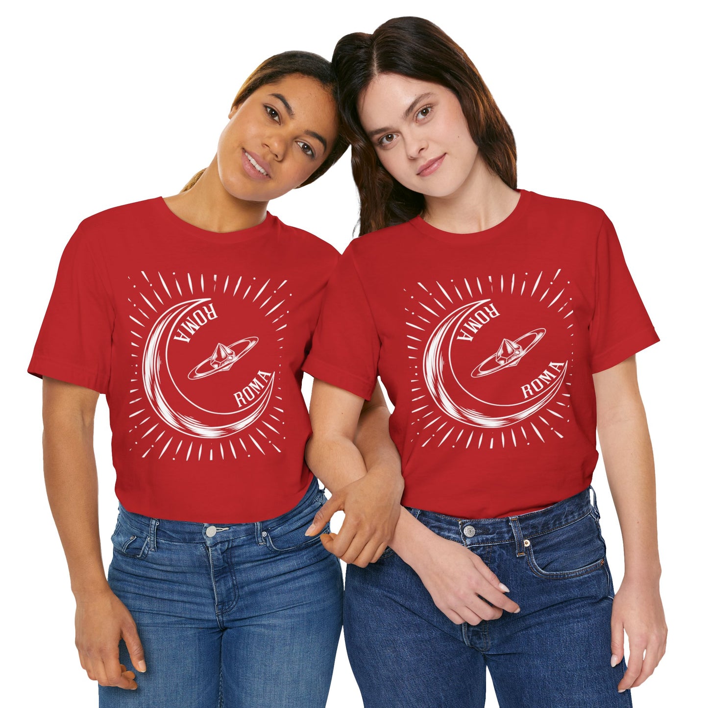 Unisex red T-shirt with moon phase illustration and stylish ROMA print