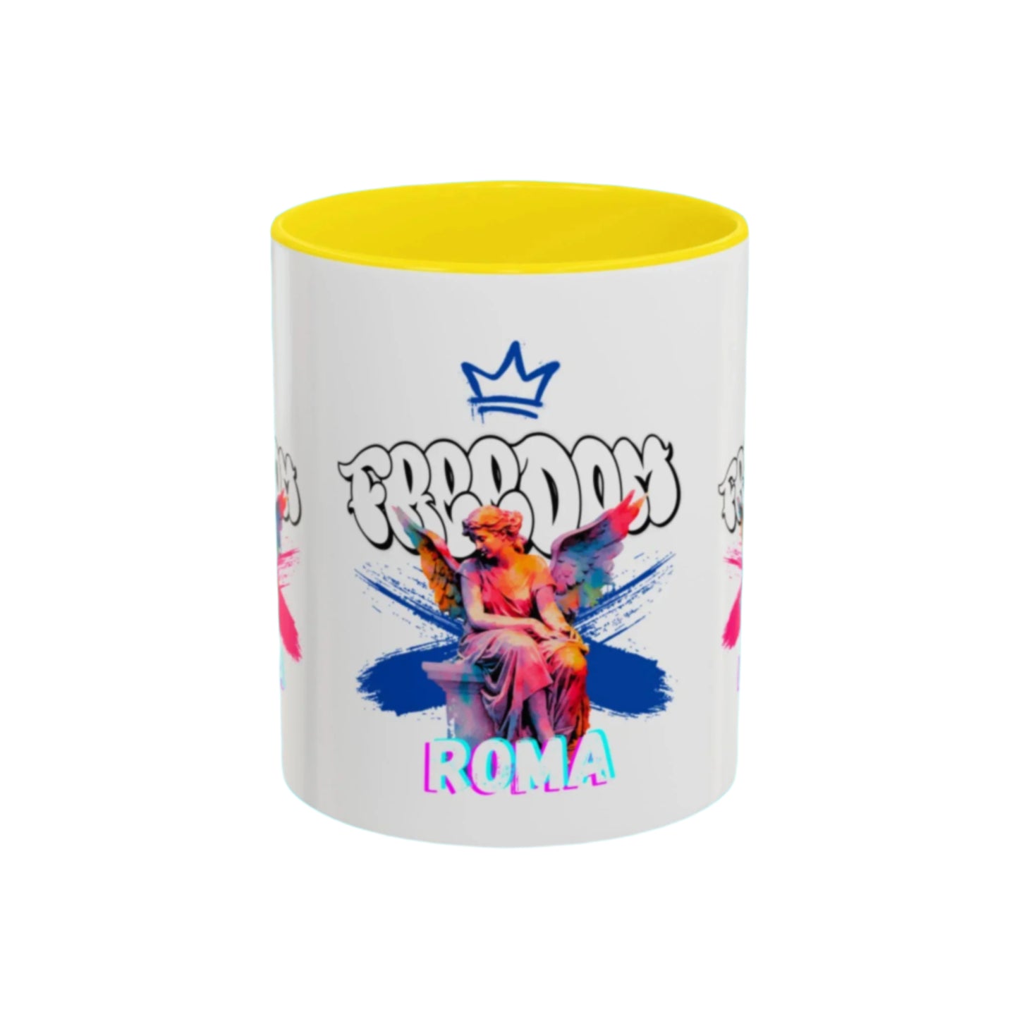 Bright white mug complemented by green handle and rim, featuring elegant angel artwork and freedom text.