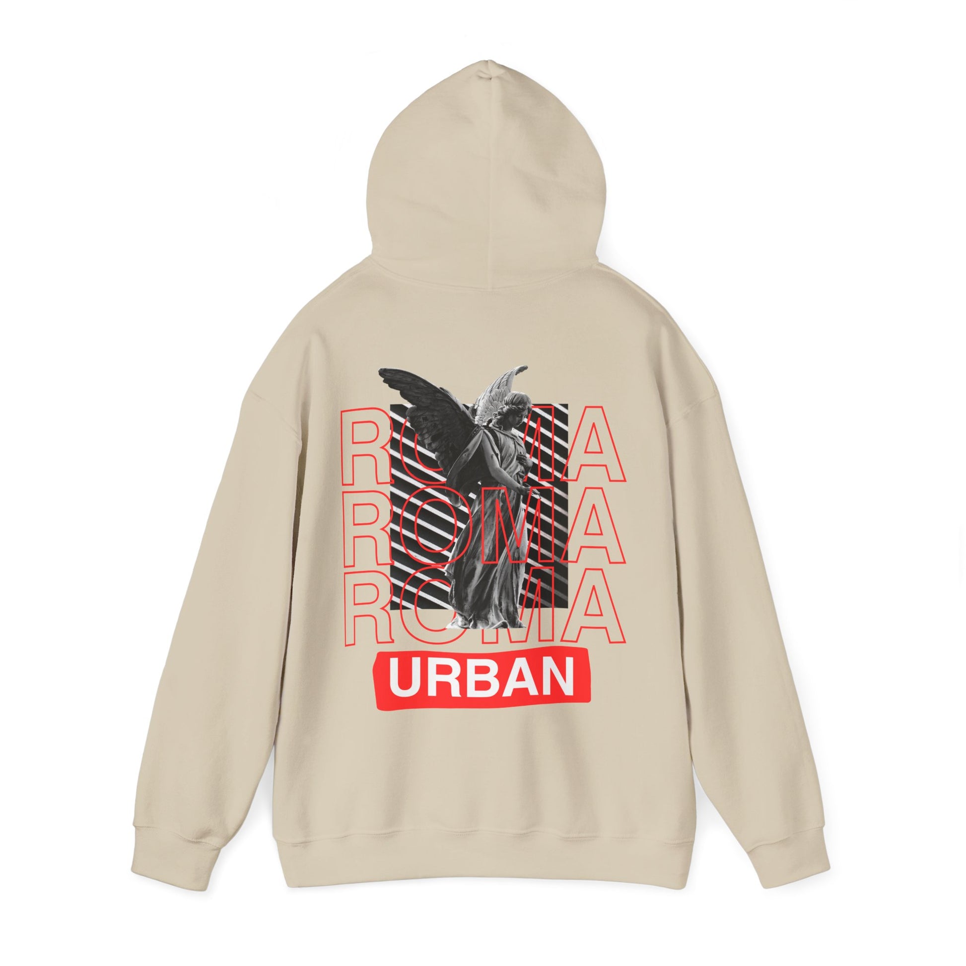 Artistic hoodie with a Roman statue blended into bold ROMA letters and "URBAN" caption underneath.

