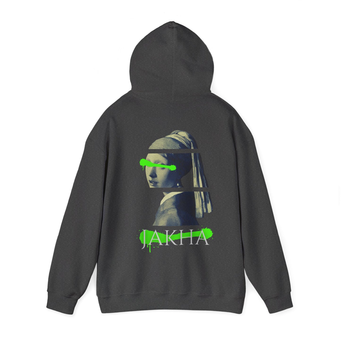 Minimalist Hoodie design centered with a symbolic JAKITA TEXT with a woman featuring SZUKAR ROMA.
