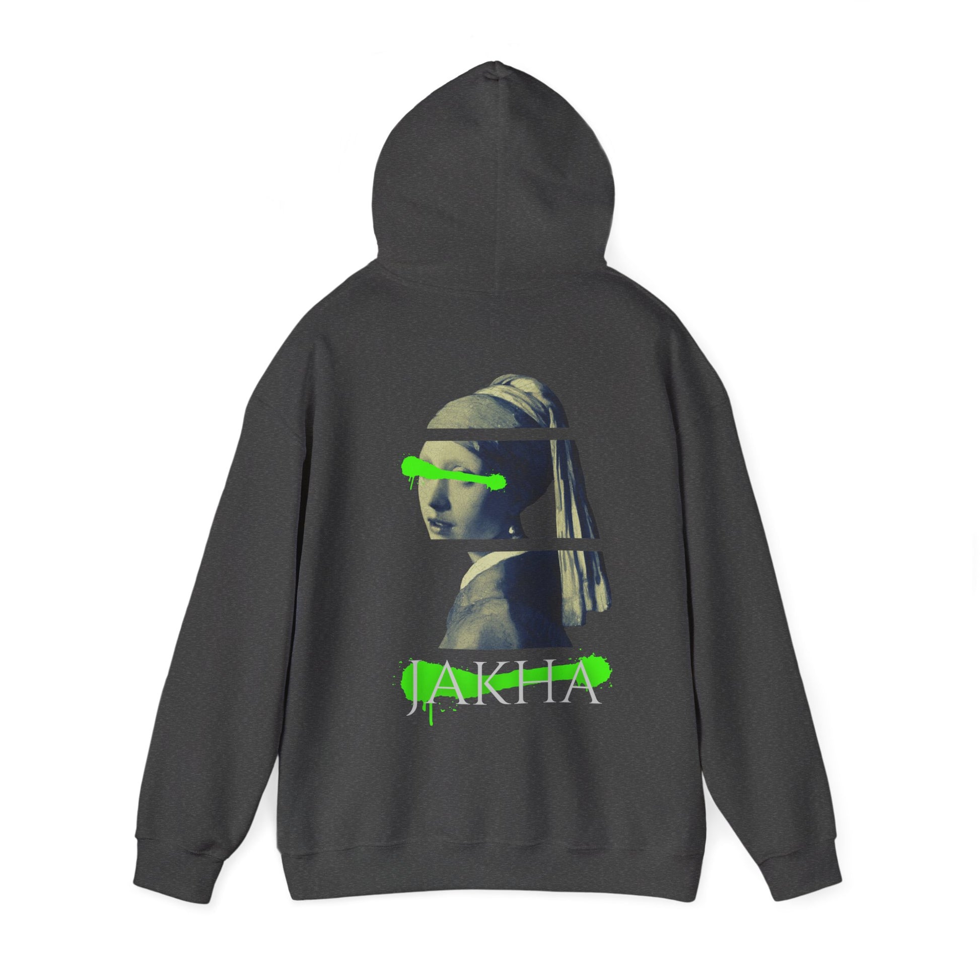 Minimalist Hoodie design centered with a symbolic JAKITA TEXT with a woman featuring SZUKAR ROMA.
