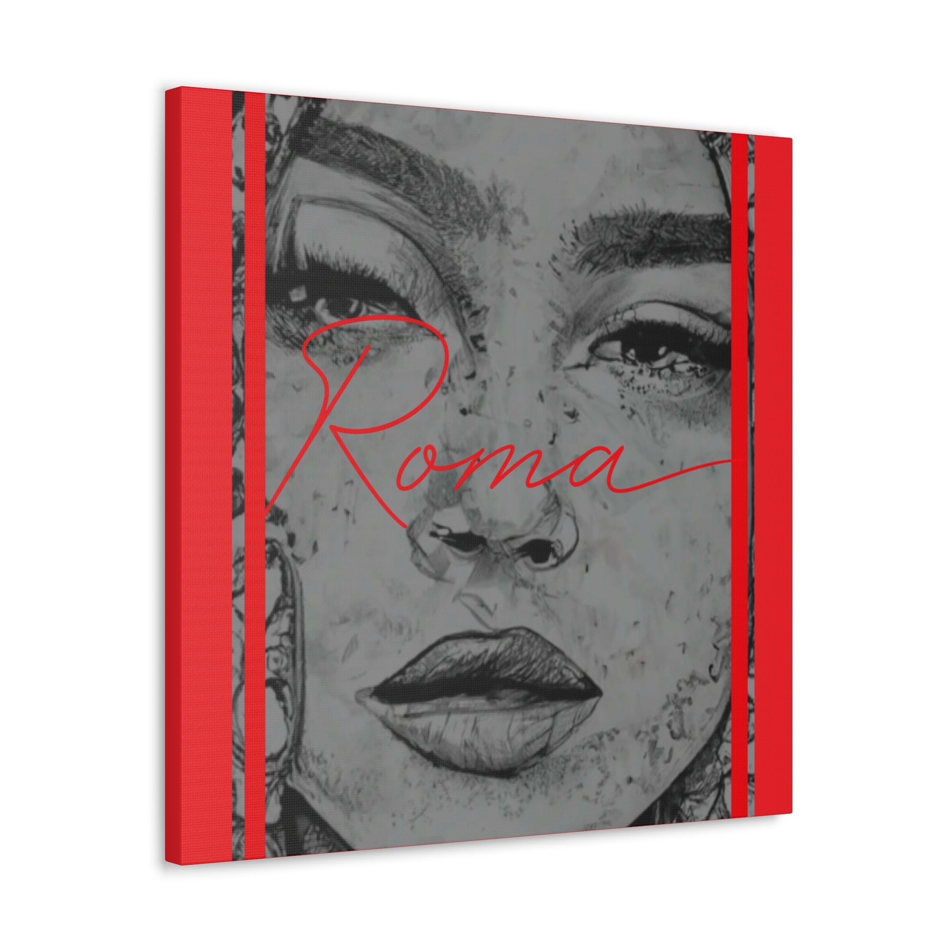 Contemporary canvas piece featuring a close portrait of a girl with moist eyes and elegant ROMA script beside her.