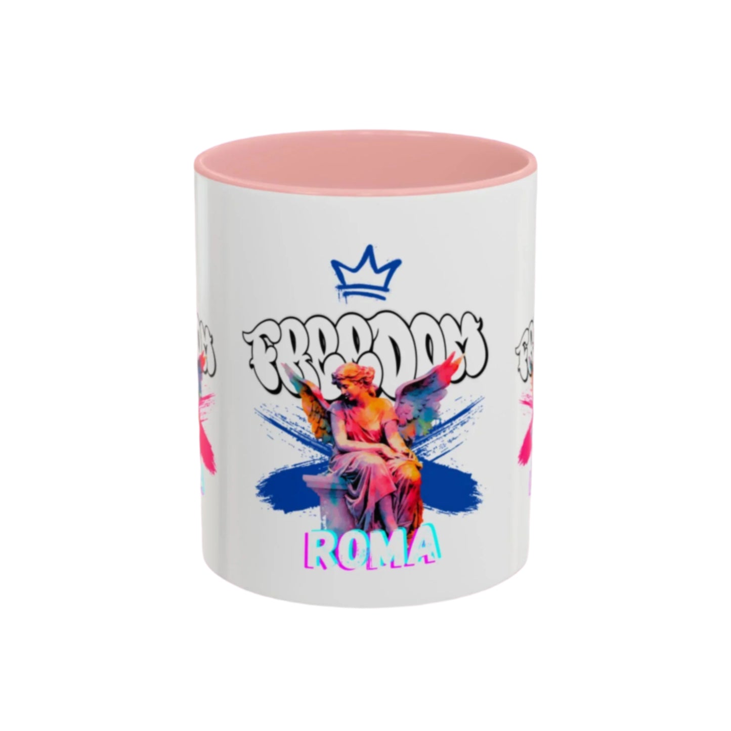 A crisp white mug trimmed in energetic orange, showcasing a crowned angel motif in pink with subtle freedom words fading behind.